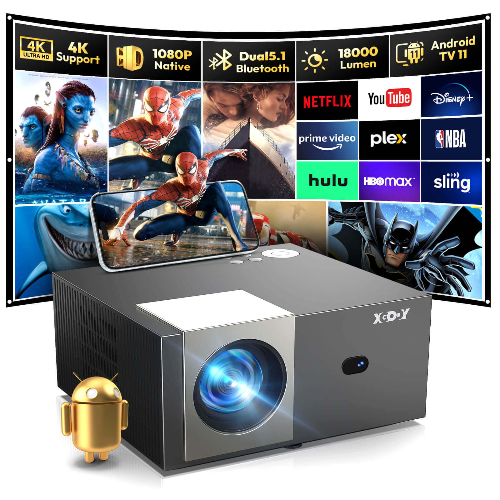 XGODY Sail2 Native 1080p Projector With WiFi And Bluetooth, 200-inch Full HD Large Screen