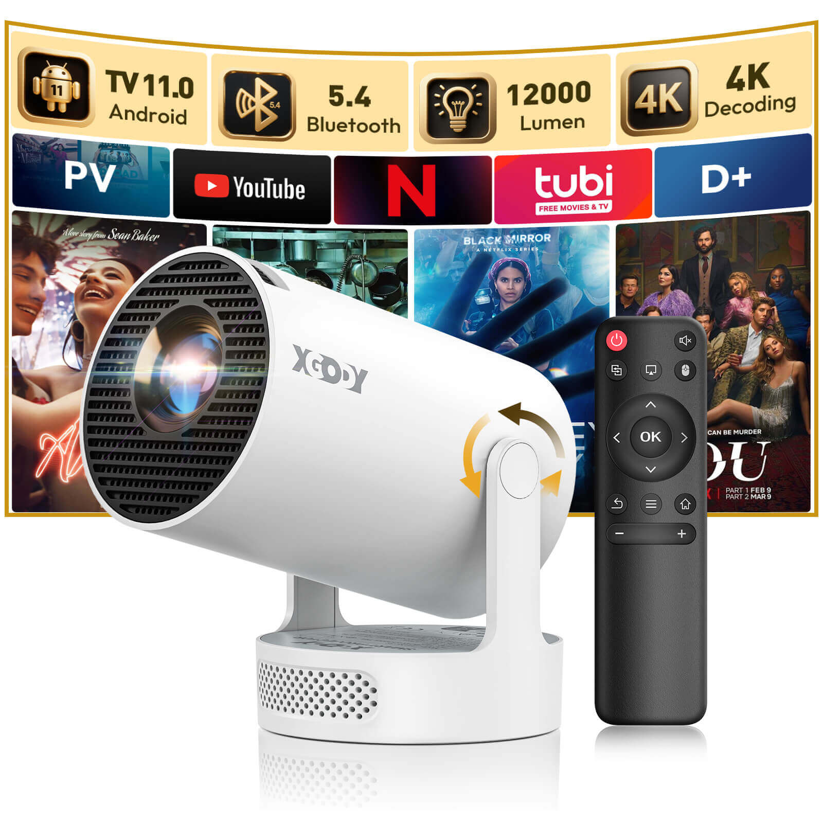 XGODY Gimbal 3S Portable Short-throw Projector, Android 11.0 system With Bluetooth And Dual-band WiFi6