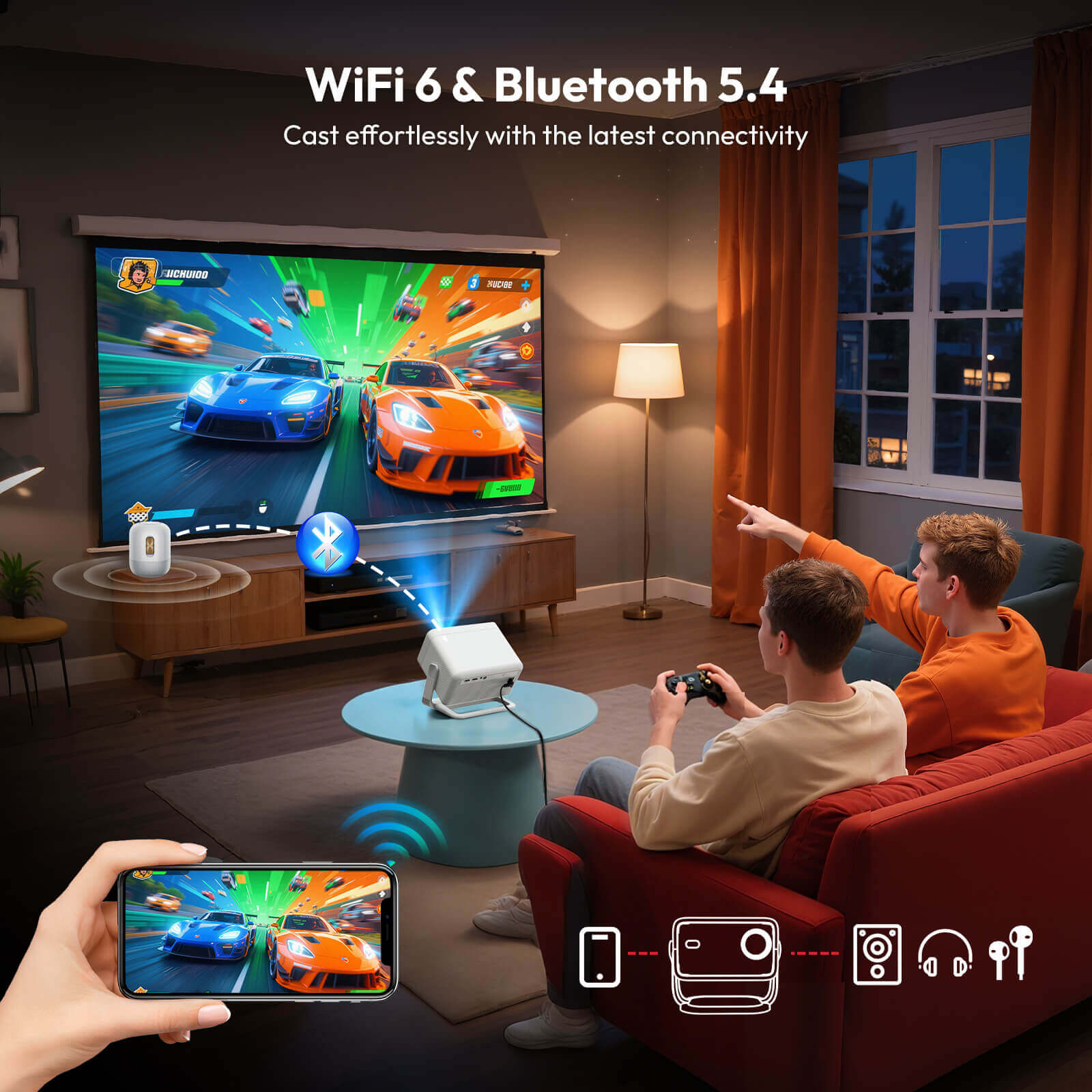 Gimbal N6 Pro Portable Projector With Native 1080P WiFi 6 & Bluetooth 5.4 32GB For Home Theater