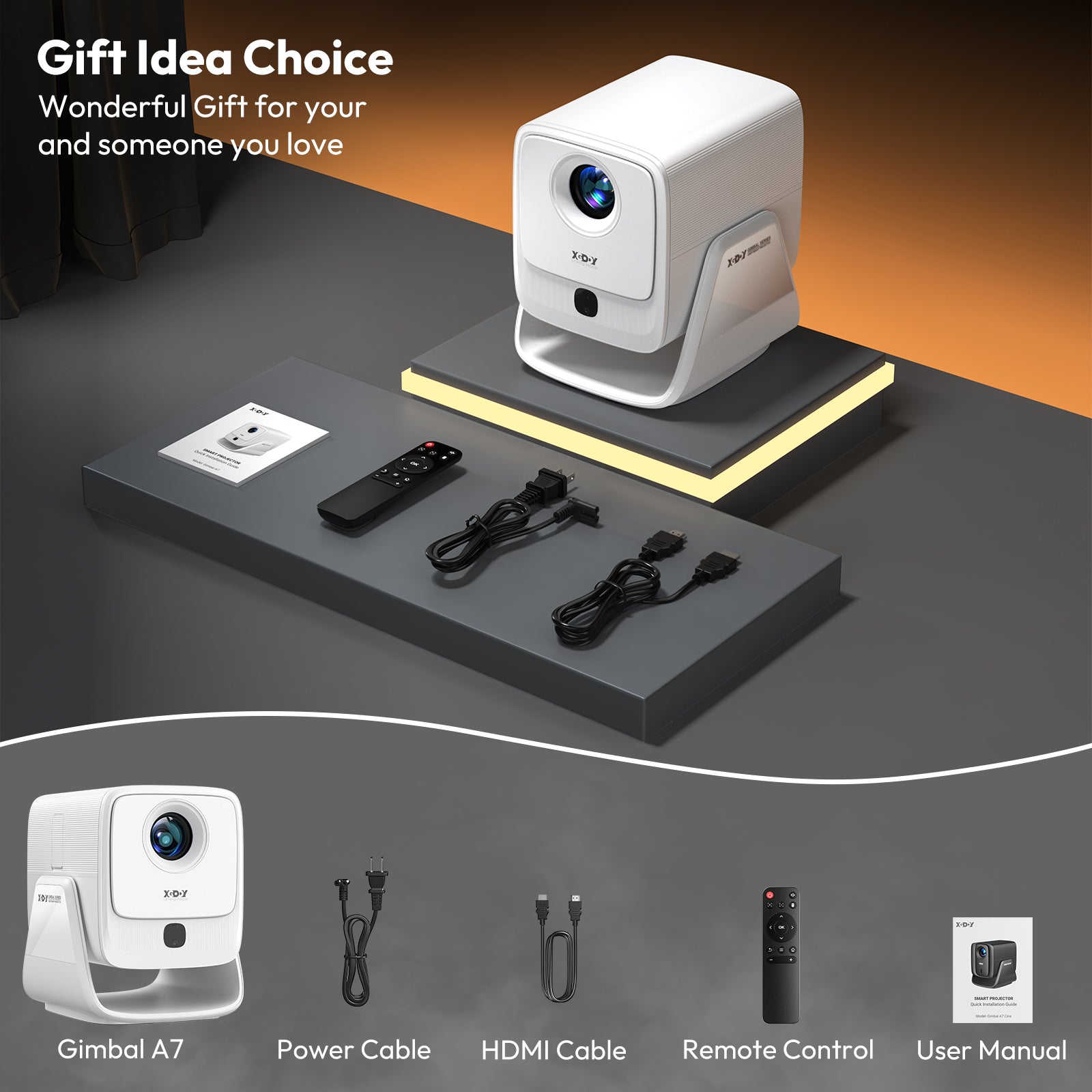 Gimbal A7 Portable Projector Android 14 With Native 1080P 8K Decoding 16GB 90° Rotation