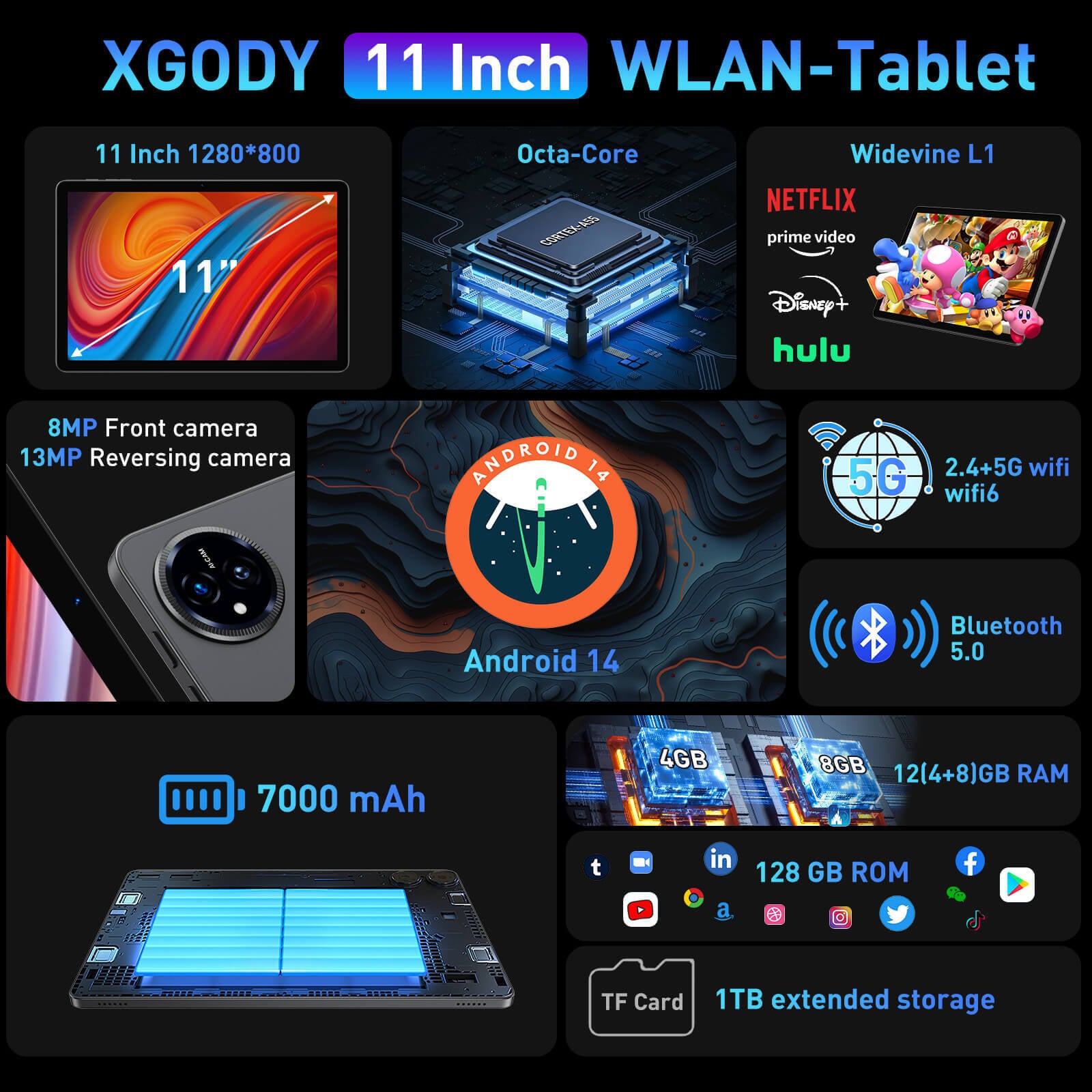 XGODY Q16 Tablet PC 11 Inch Tablet PC With Bluetooth, 4GB+128GB Storage, 8000 mAh Large Battery
