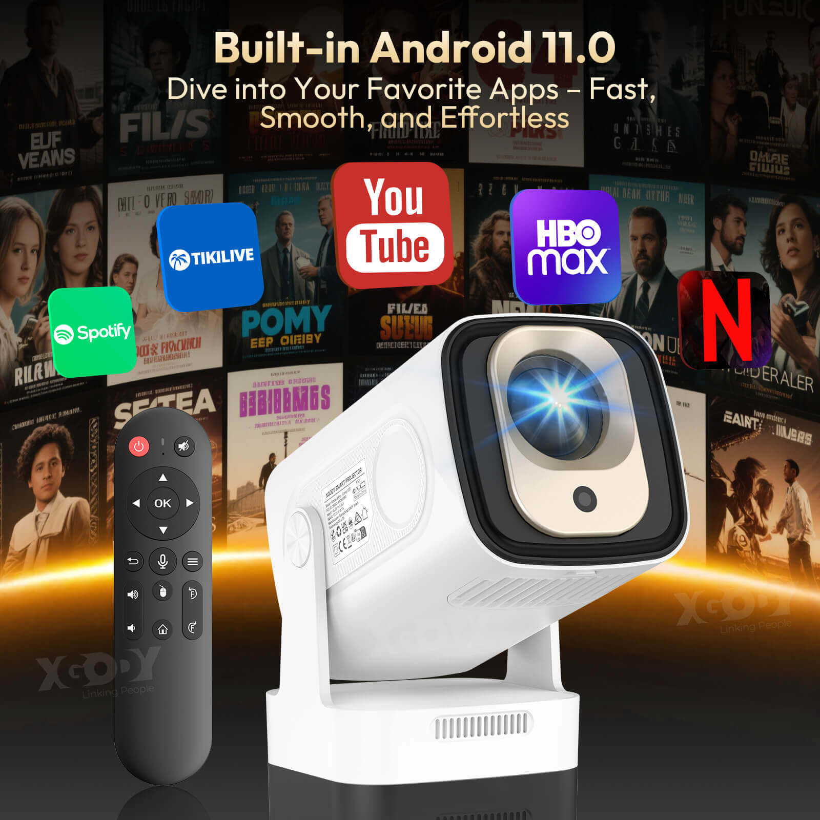 Gimbal 5 PRO: Portable Projector Android 11.0, Native 1080P, WiFi 6 & Bluetooth 5.4 Built-in Stereo Speaker