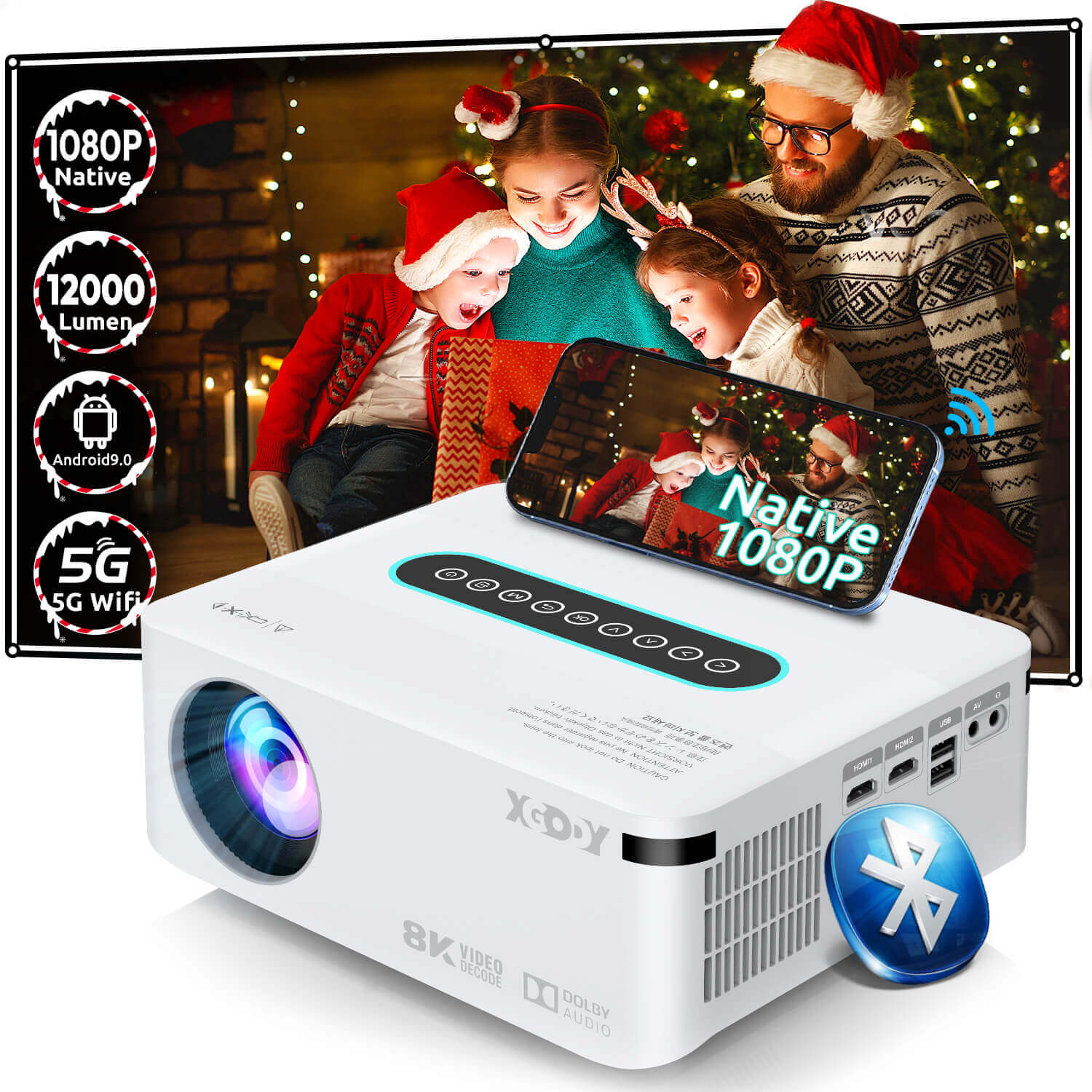 XGODY X1 | Native 1080P Projector 4K With Android 9.0 TV & Dolby Sound, For Wireless Outdoor Movies Night