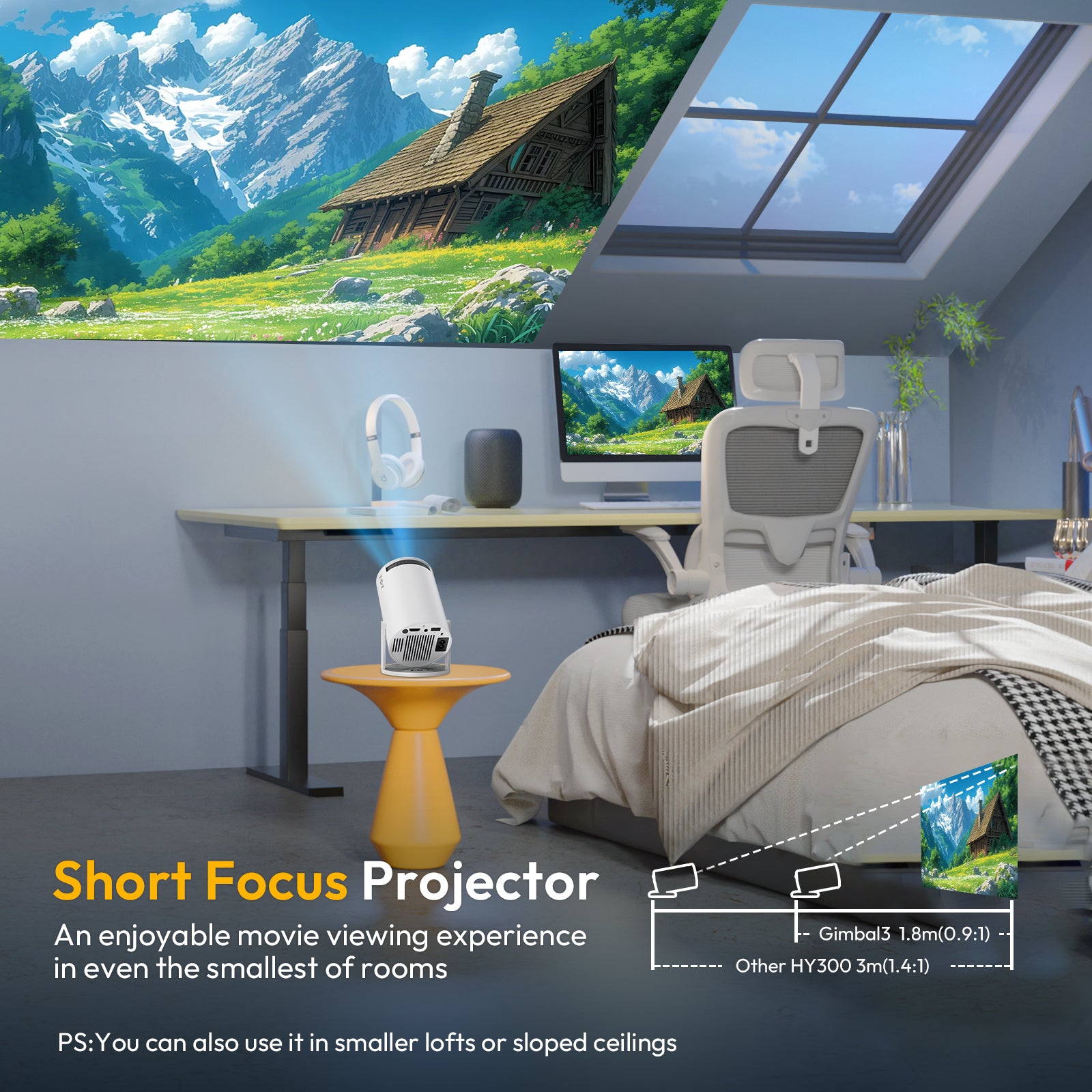 XGODY Gimbal 3 NEW Portable Short-throw Projector, Android 14.0 System 8K Support