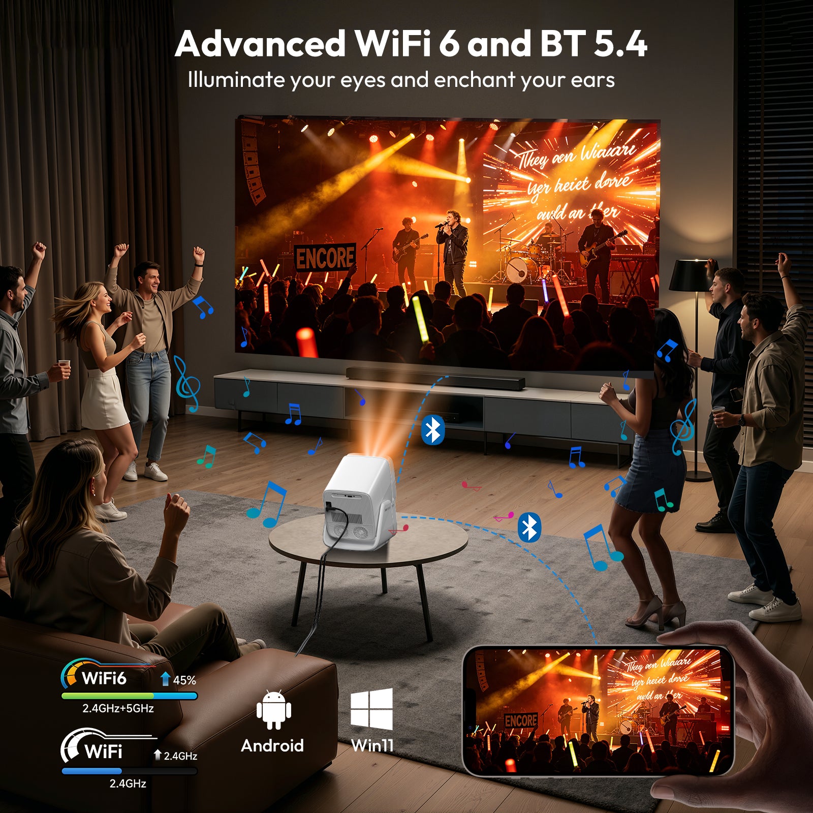 Gimbal A7 Portable Projector Android 14 With Native 1080P 8K Decoding 16GB 90° Rotation