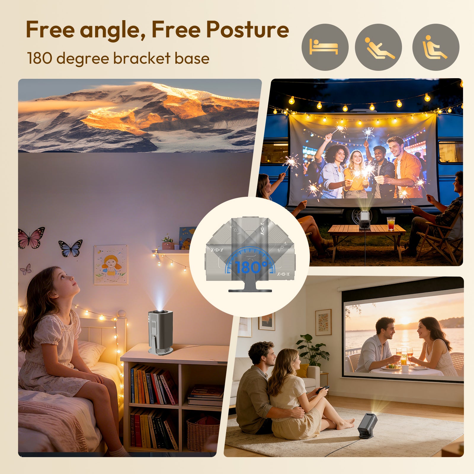 Gimbal 3 Pro Portable Projector With Native 720P WiFi 6 & Bluetooth 5.4 8GB 180° Rotation