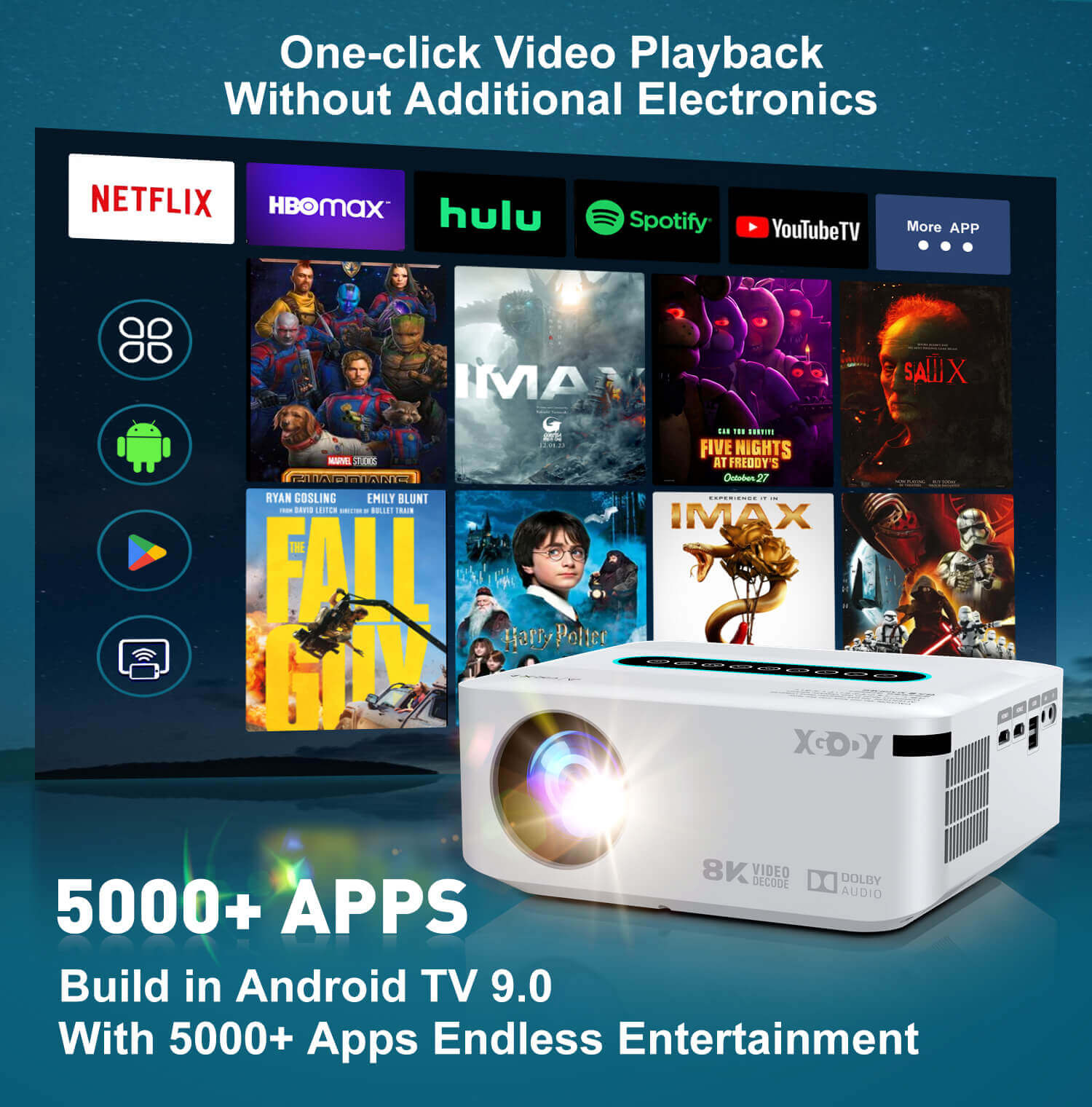 XGODY X1 | Native 1080P Projector 4K With Android 9.0 TV & Dolby Sound, For Wireless Outdoor Movies Night