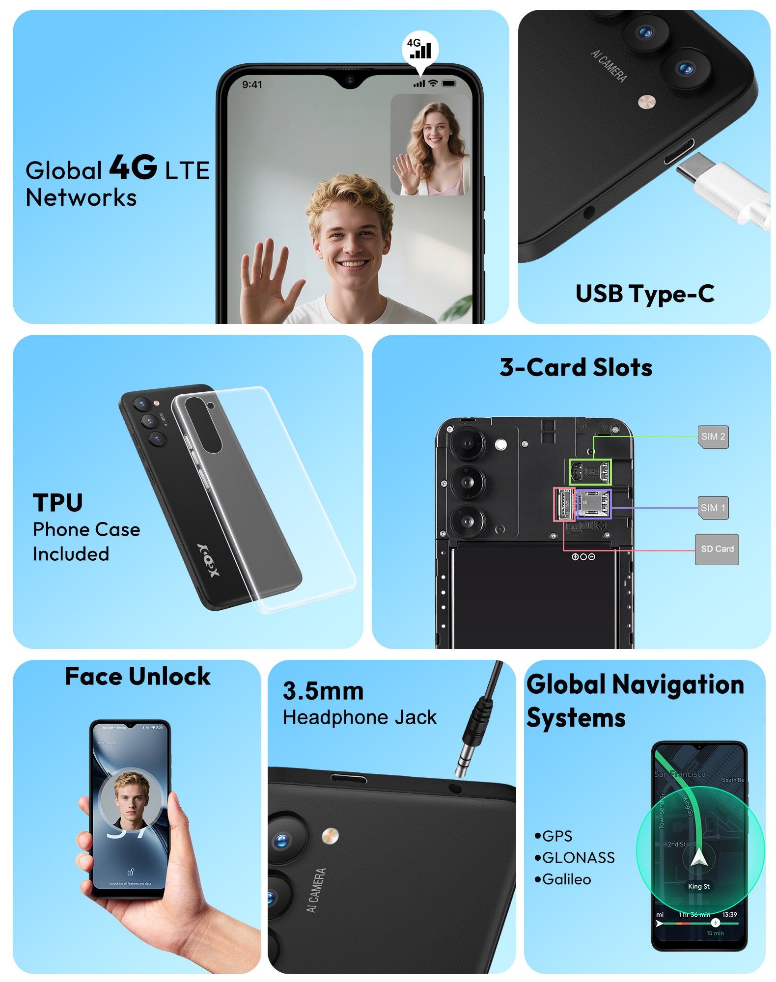 X36 6.5" Android 15 Unlocked 4G Android Phone | 4200mAh, Built-in Face Recognition, Dual SIM