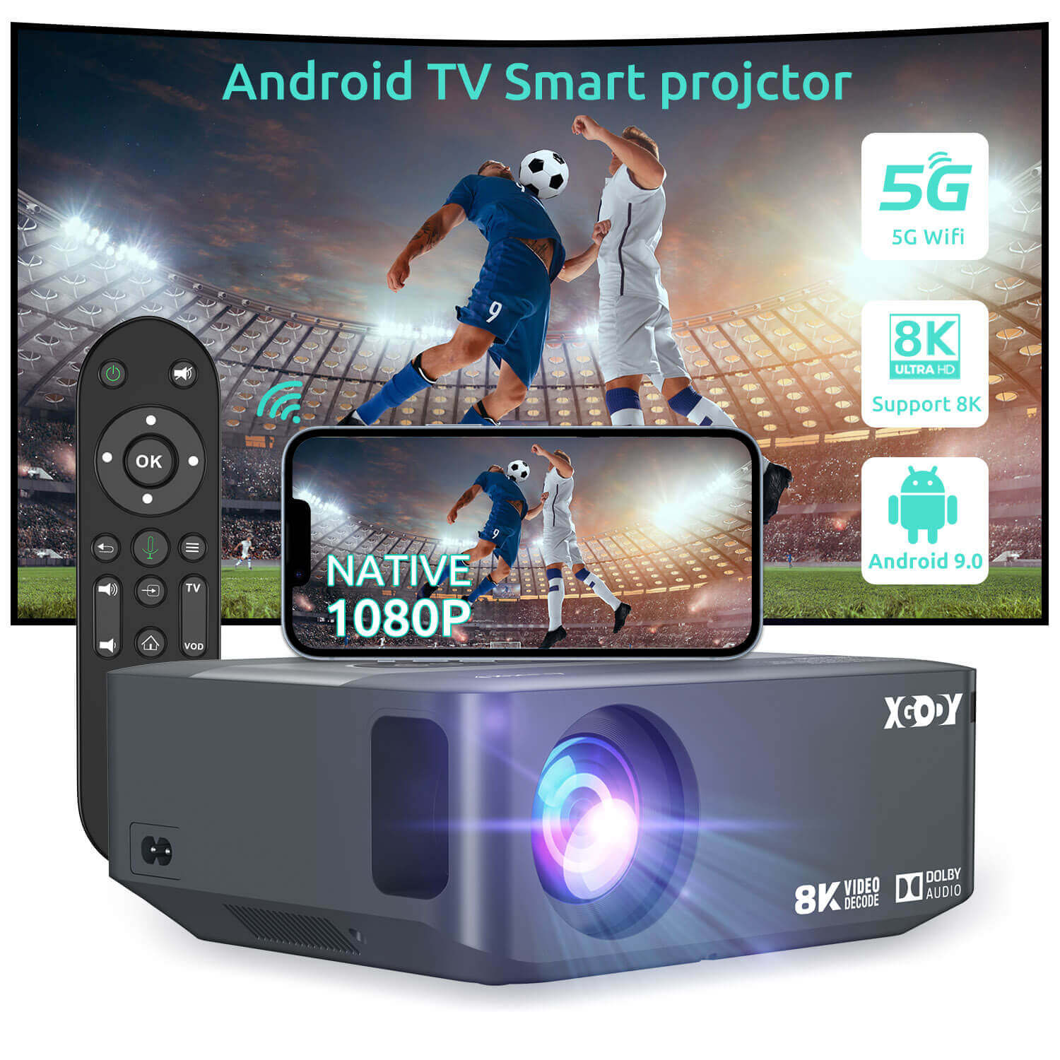 XGODY X1 | Native 1080P Projector 4K With Android 9.0 TV & Dolby Sound, For Wireless Outdoor Movies Night