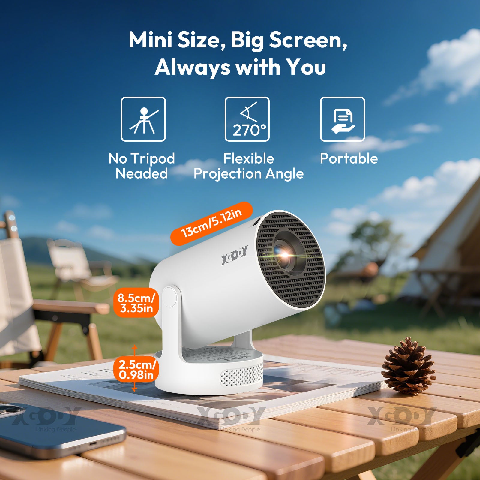 XGODY Gimbal 3S Portable Short-throw Projector, Android 14.0 system With Bluetooth and Dual-band WiFi6