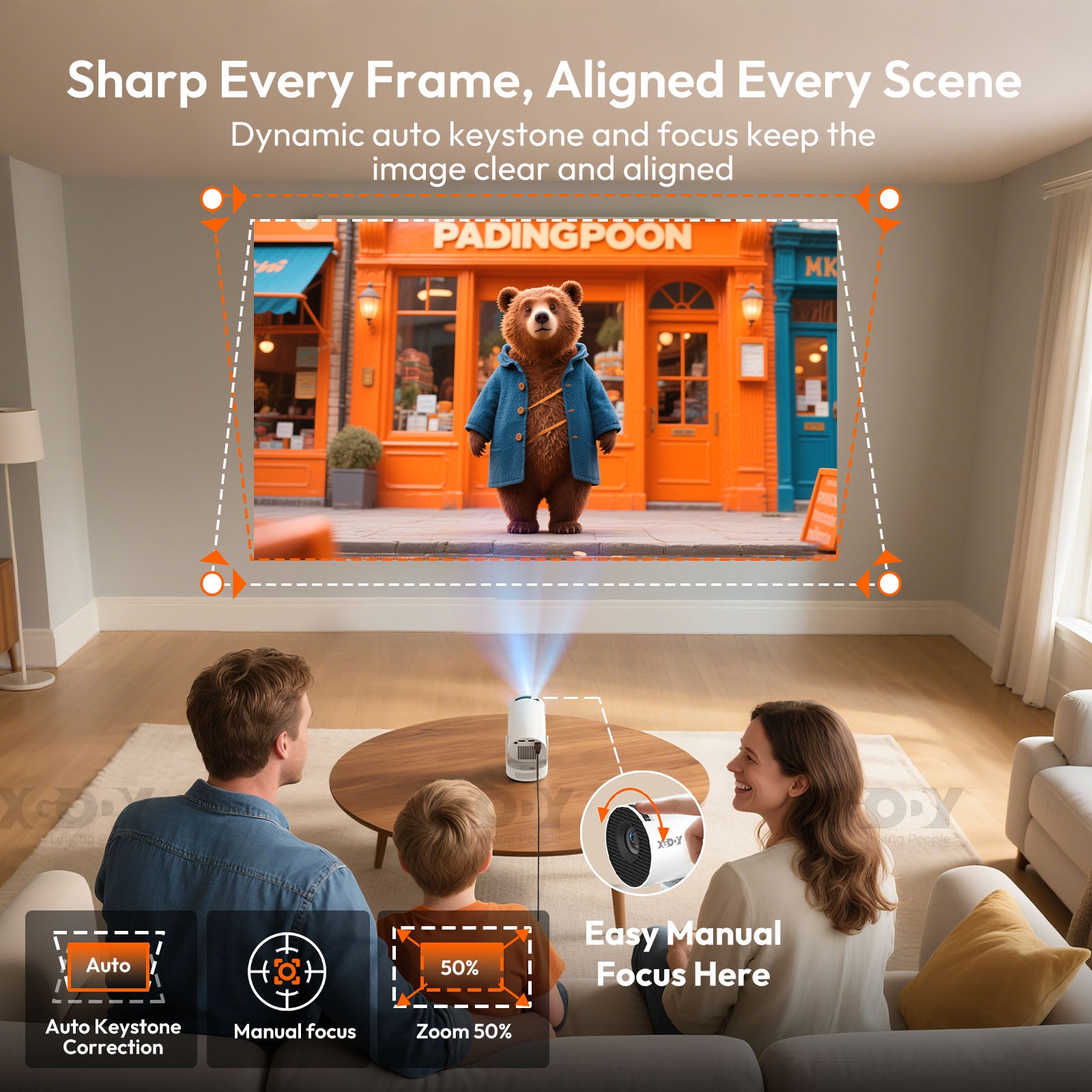XGODY Gimbal 3S Portable Short-throw Projector, Android 14.0 system With Bluetooth and Dual-band WiFi6