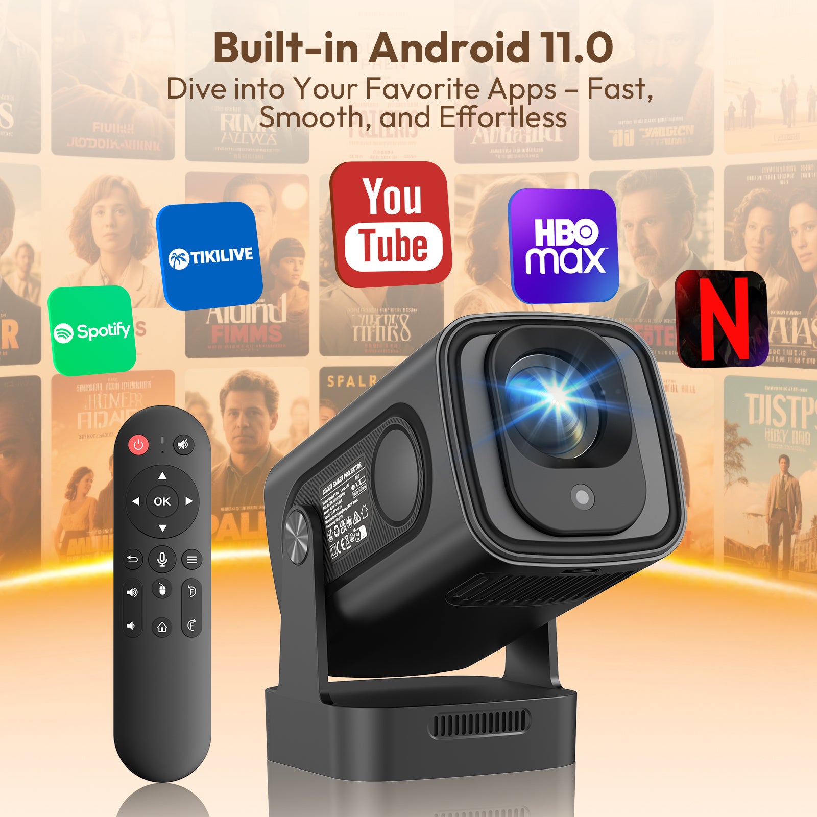 Gimbal 5 PRO: Portable Projector Android 11.0, Native 1080P, WiFi 6 & Bluetooth 5.4 Built-in Stereo Speaker