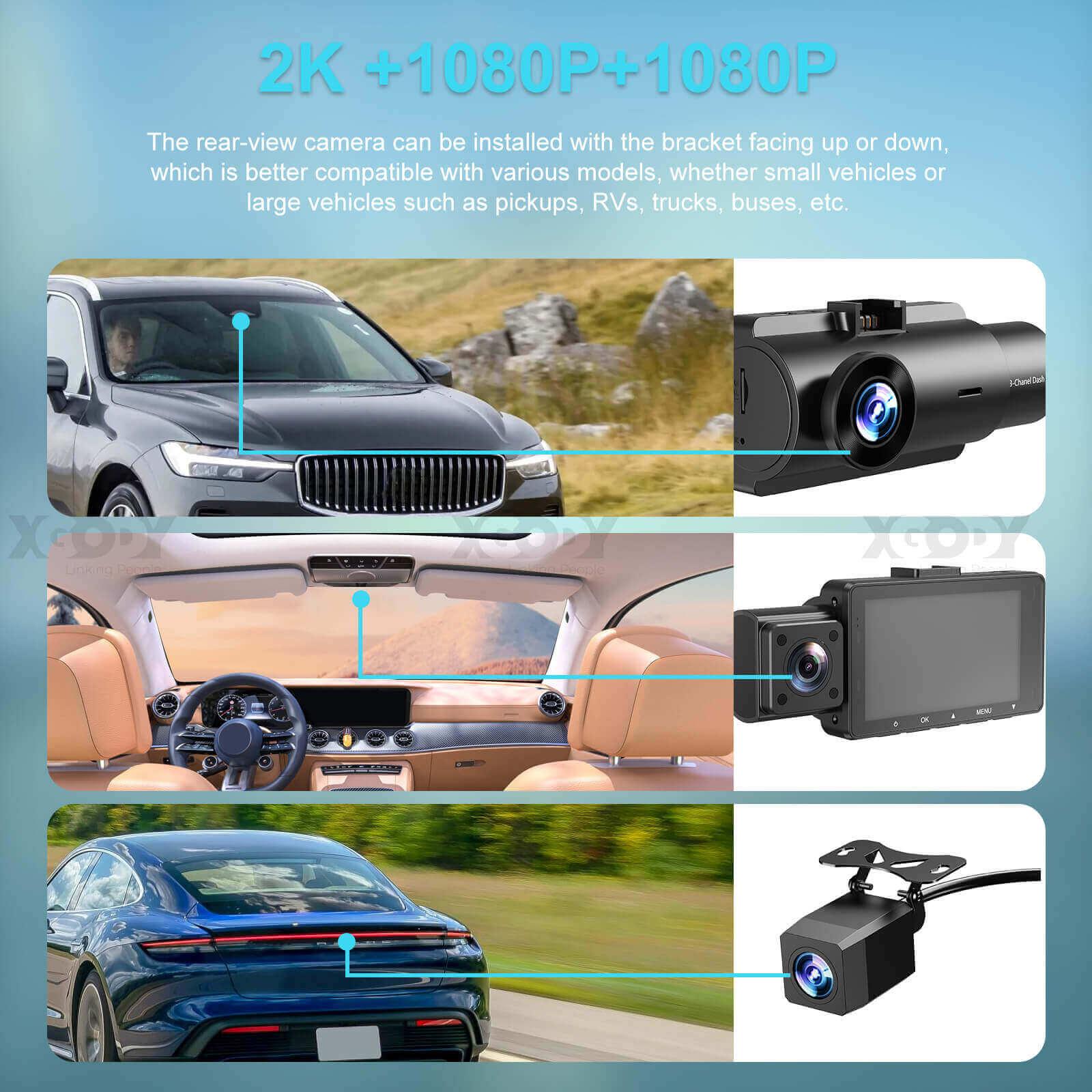 Cost-effective and Most worthwhile XGODY Q18 Triple | Lens Dash Cam | 2K Front + Dual 1080P Rear, 24-Hour Monitoring, Night Vision - XGODY