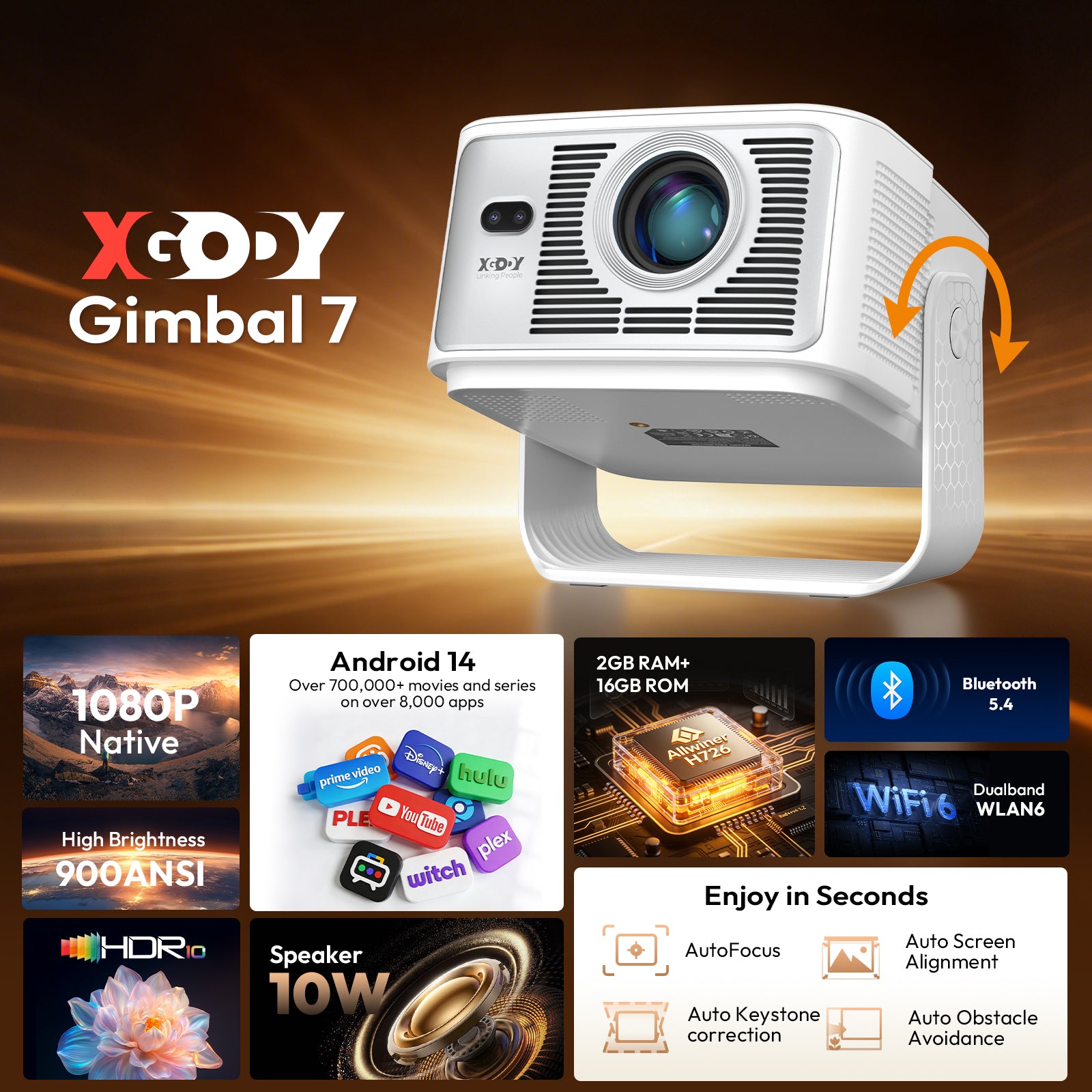 XGODY Gimbal 7 Portable Short-throw Projector, Android 14.0 System 8K