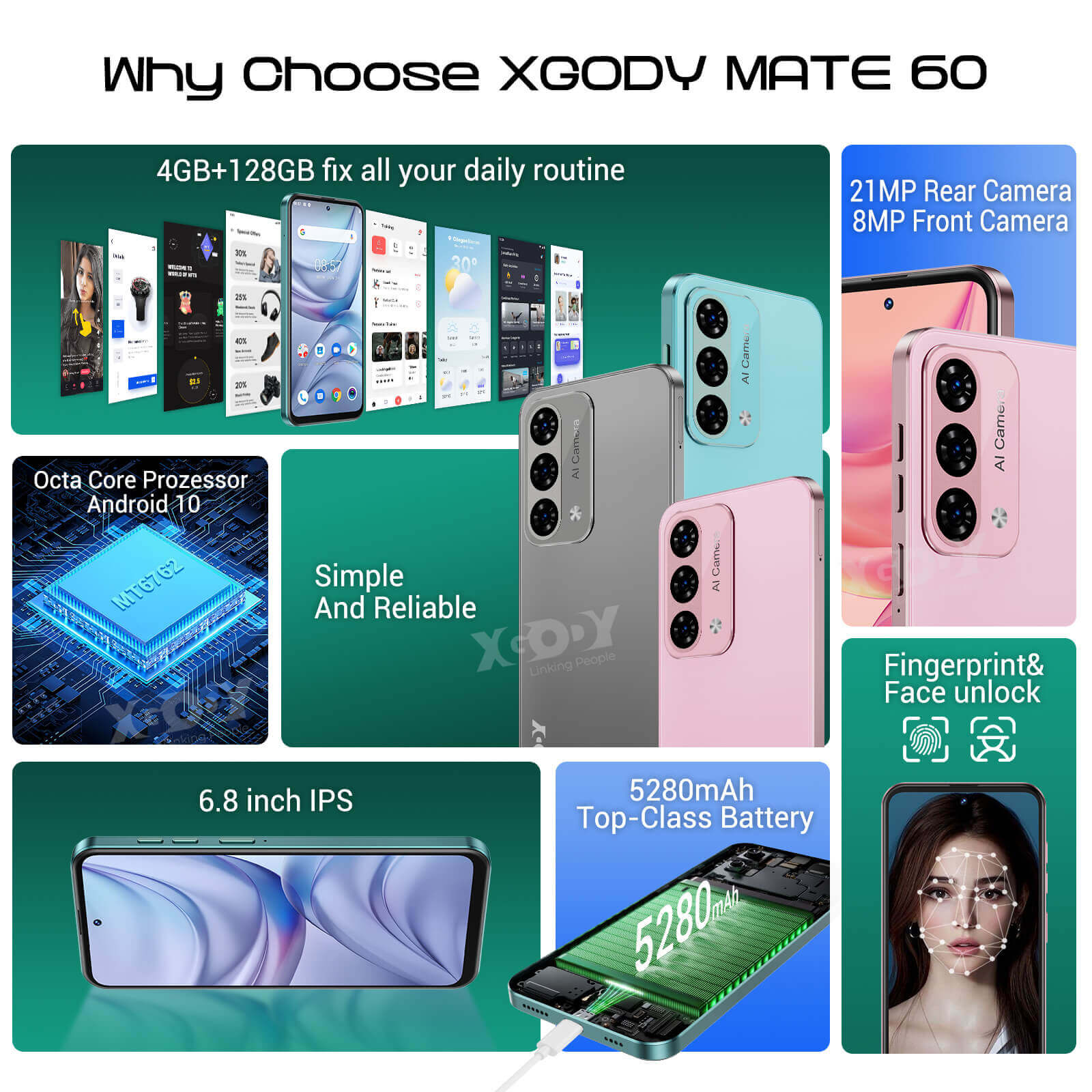 XGODY Mate60 6.79" Large Screen 4G LTE Smartphone, Supports Sace Unlocking, Built-in 4+128G Memory