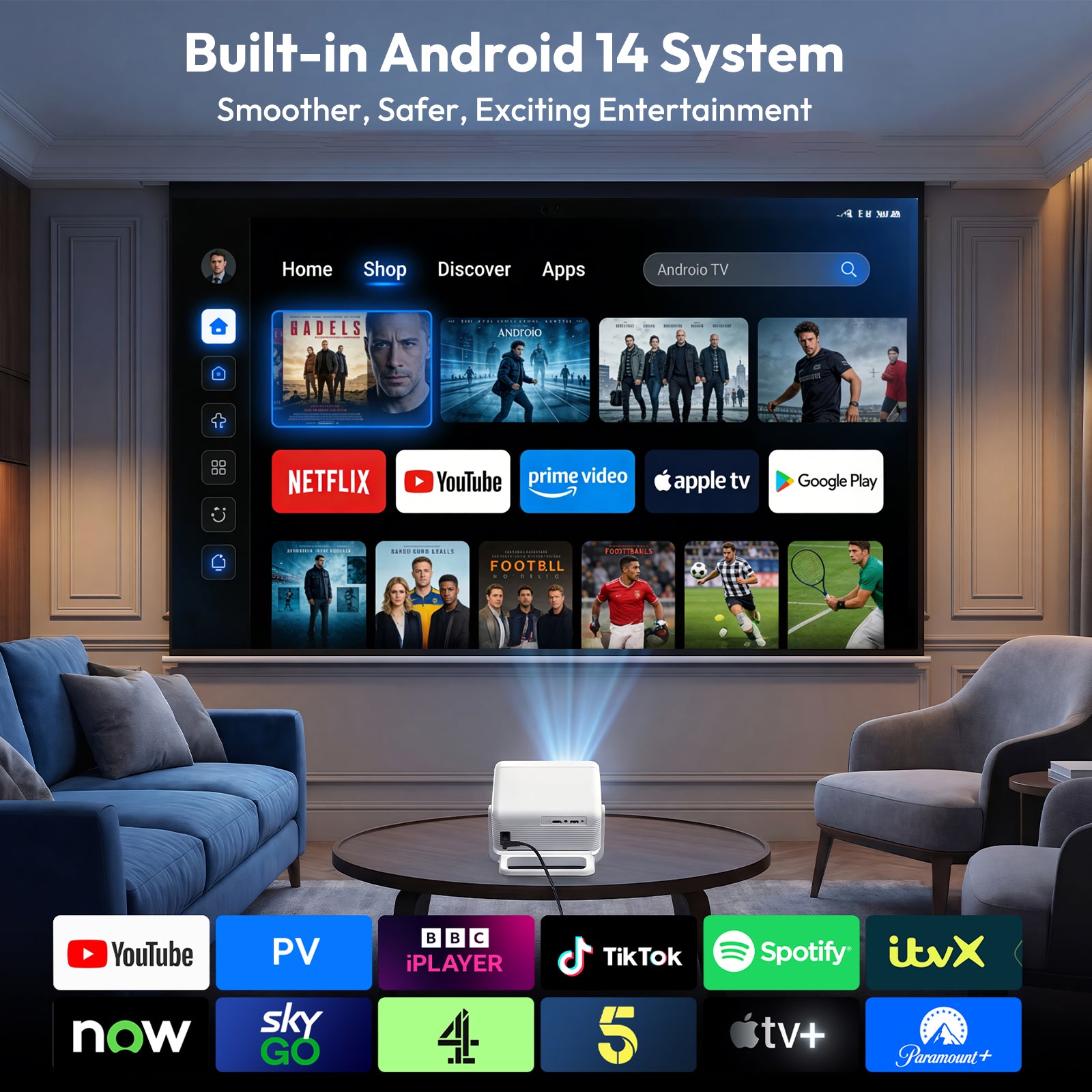 XGODY Gimbal A1 Smart Projector - Android 14, WiFi 6, Bluetooth 5.4 | Auto Focus & 6D Auto Keystone | 4K Supported 1080P Portable Movie Projector