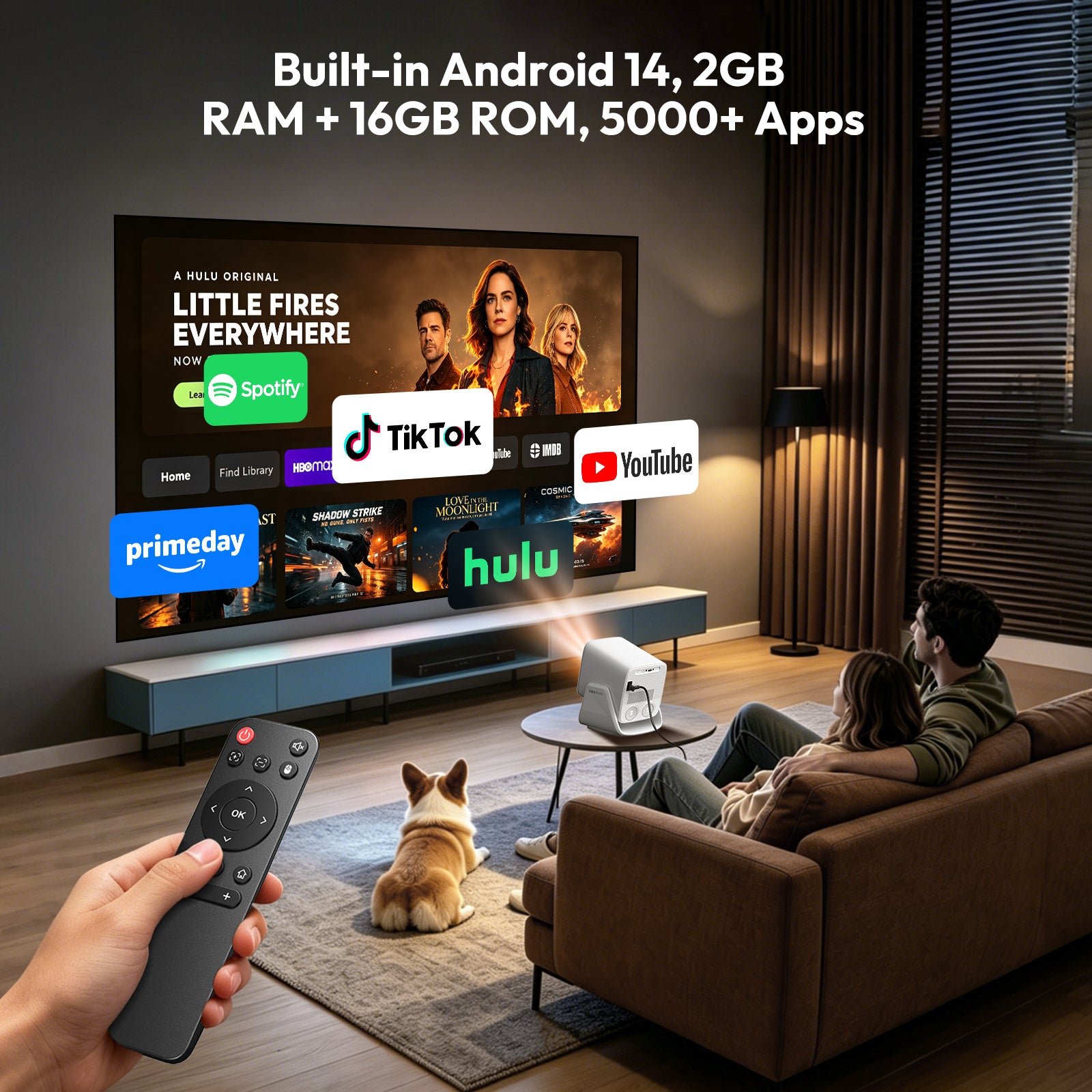 Gimbal A7 Portable Projector Android 14 With Native 1080P 8K Decoding 16GB 90° Rotation