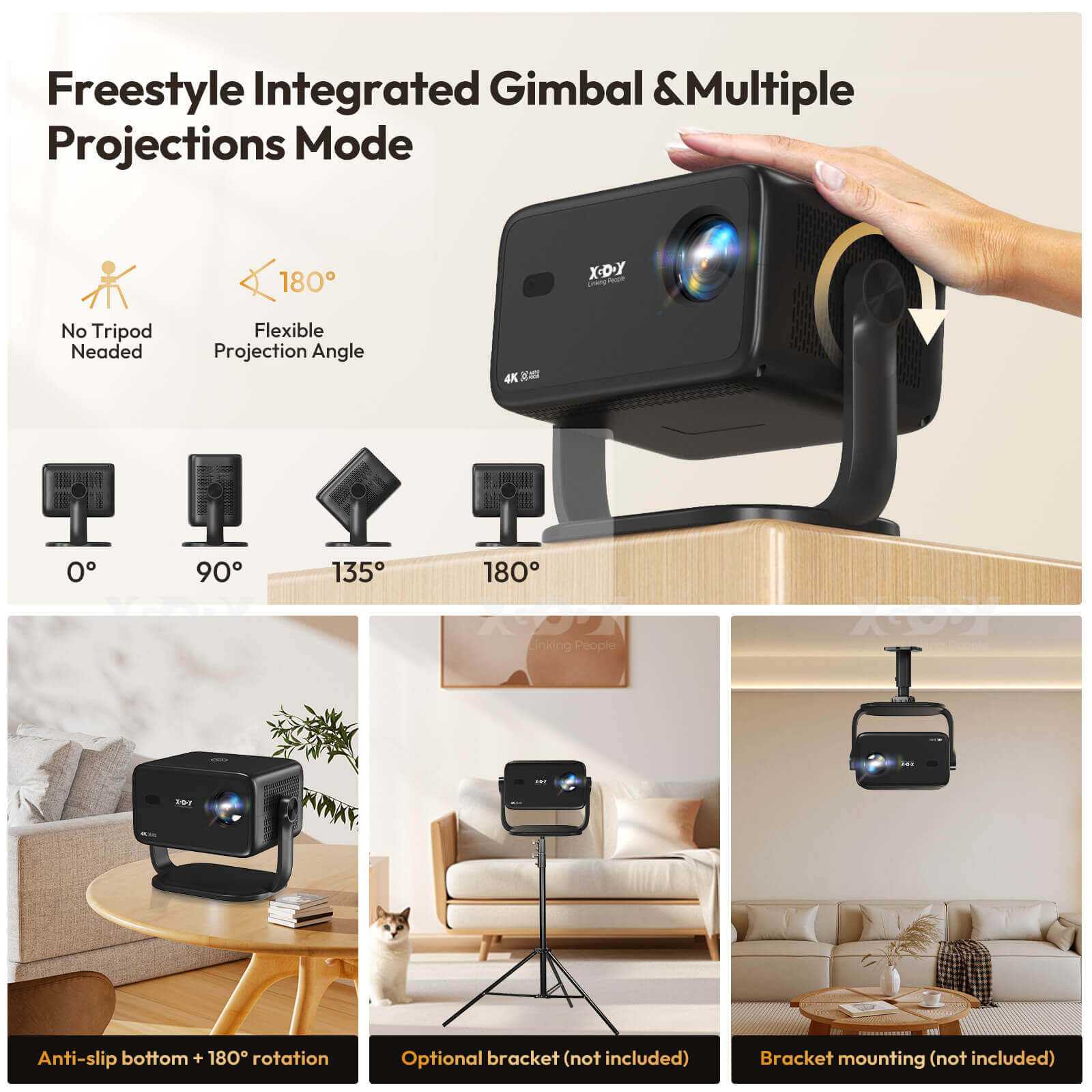 Gimbal A6: Portable Projector With Android 11.0, Native 1080P, WiFi & Bluetooth Connectivity