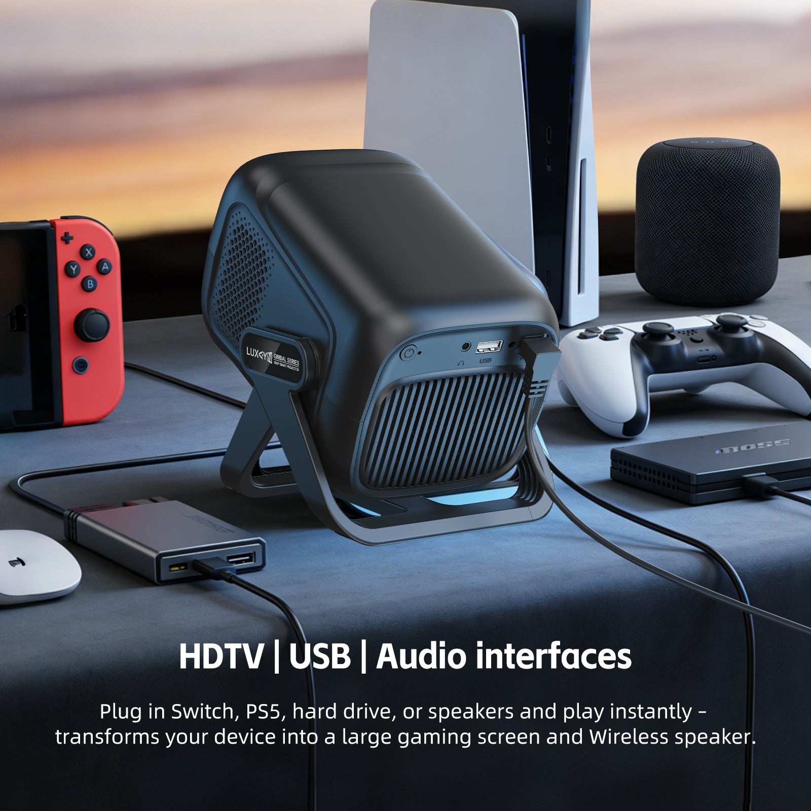 XGODY A5 Smart Gimbal Projector - Native 1080P FHD, 450 ANSI, Android 14, Auto Focus & Keystone, 135° Rotation Portable Movie Projector