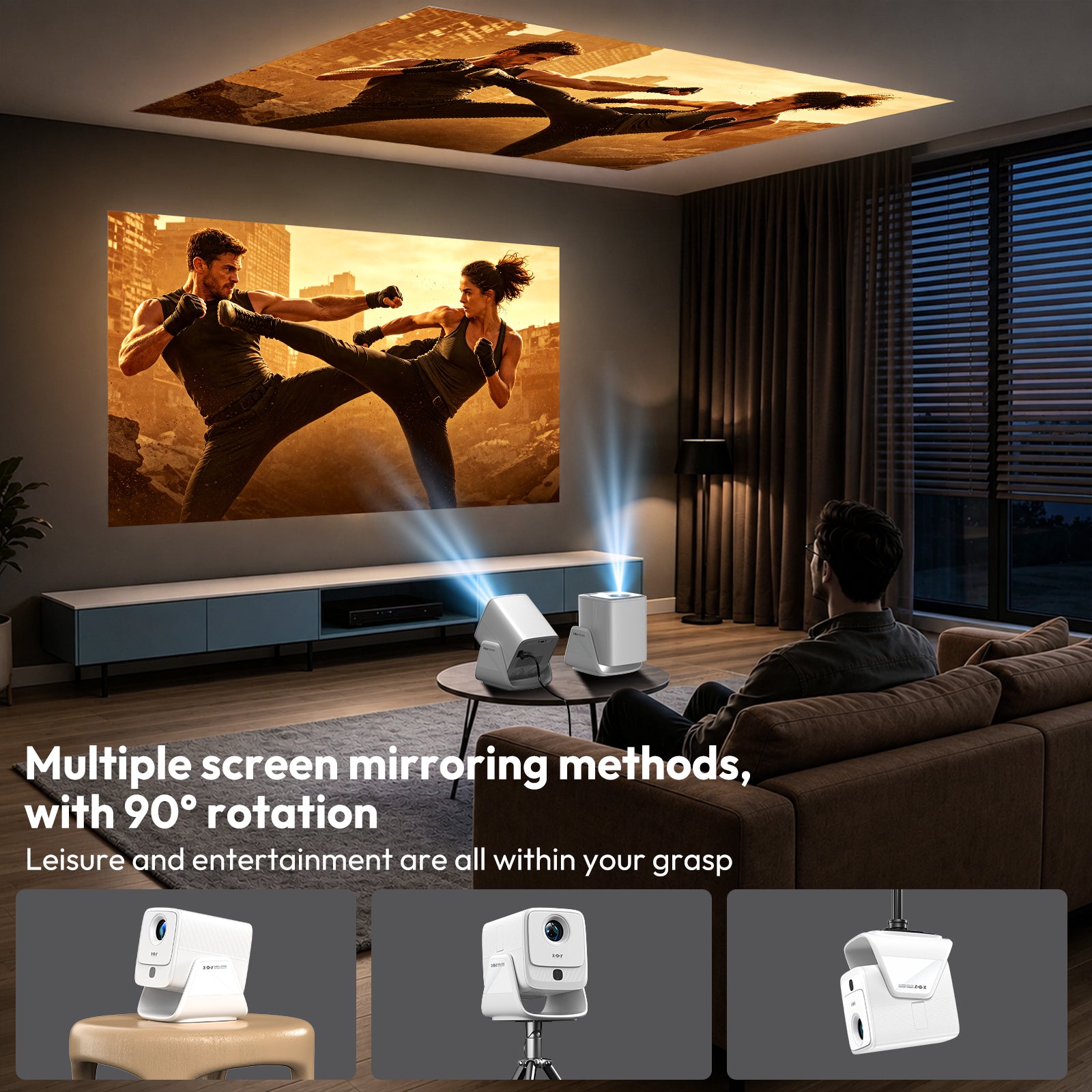 Gimbal A7 Portable Projector Android 14 With Native 1080P 8K Decoding 16GB 90° Rotation