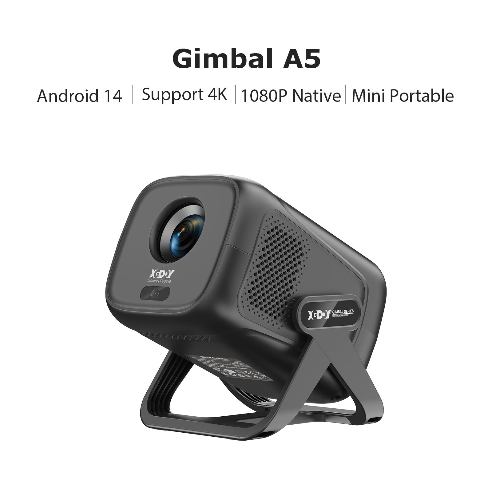 XGODY A5 Smart Gimbal Projector - Native 1080P FHD, 450 ANSI, Android 14, Auto Focus & Keystone