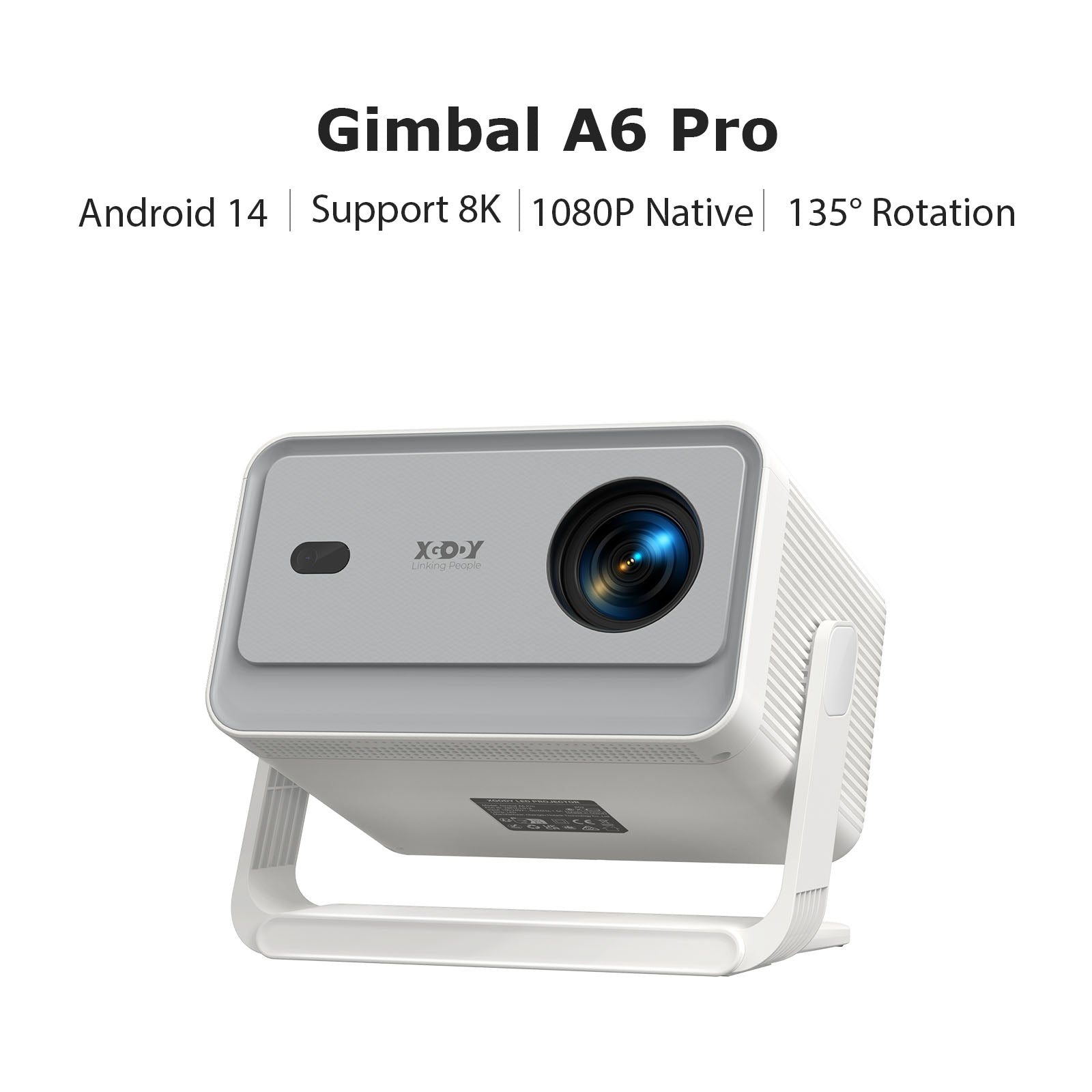 Gimbal A6 PRO: Portable Projector Android 14.0, Native 1080P Support 8K, 32G Large Capacity