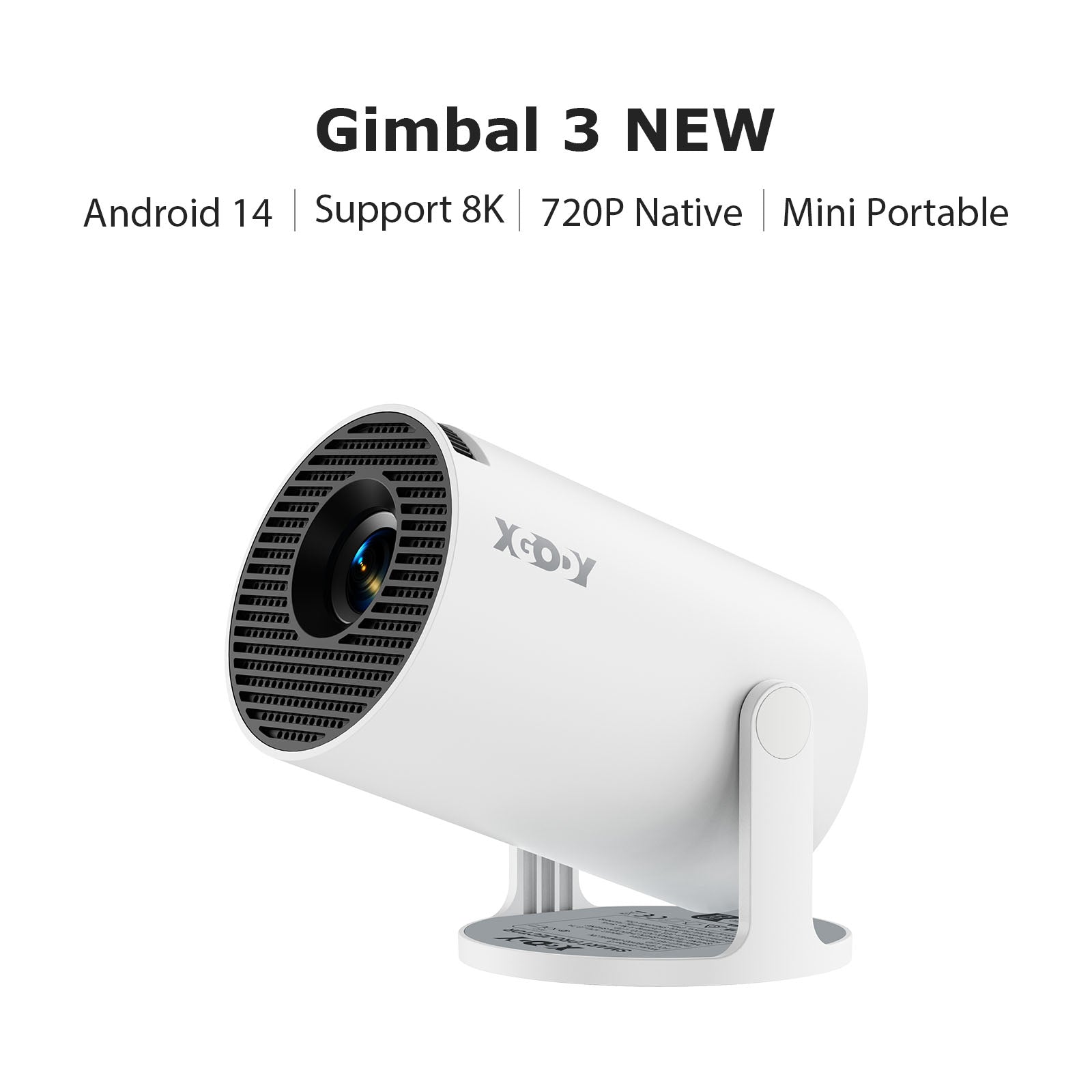 XGODY Gimbal 3 NEW Portable Short-throw Projector, Android 14.0 System 8K Support