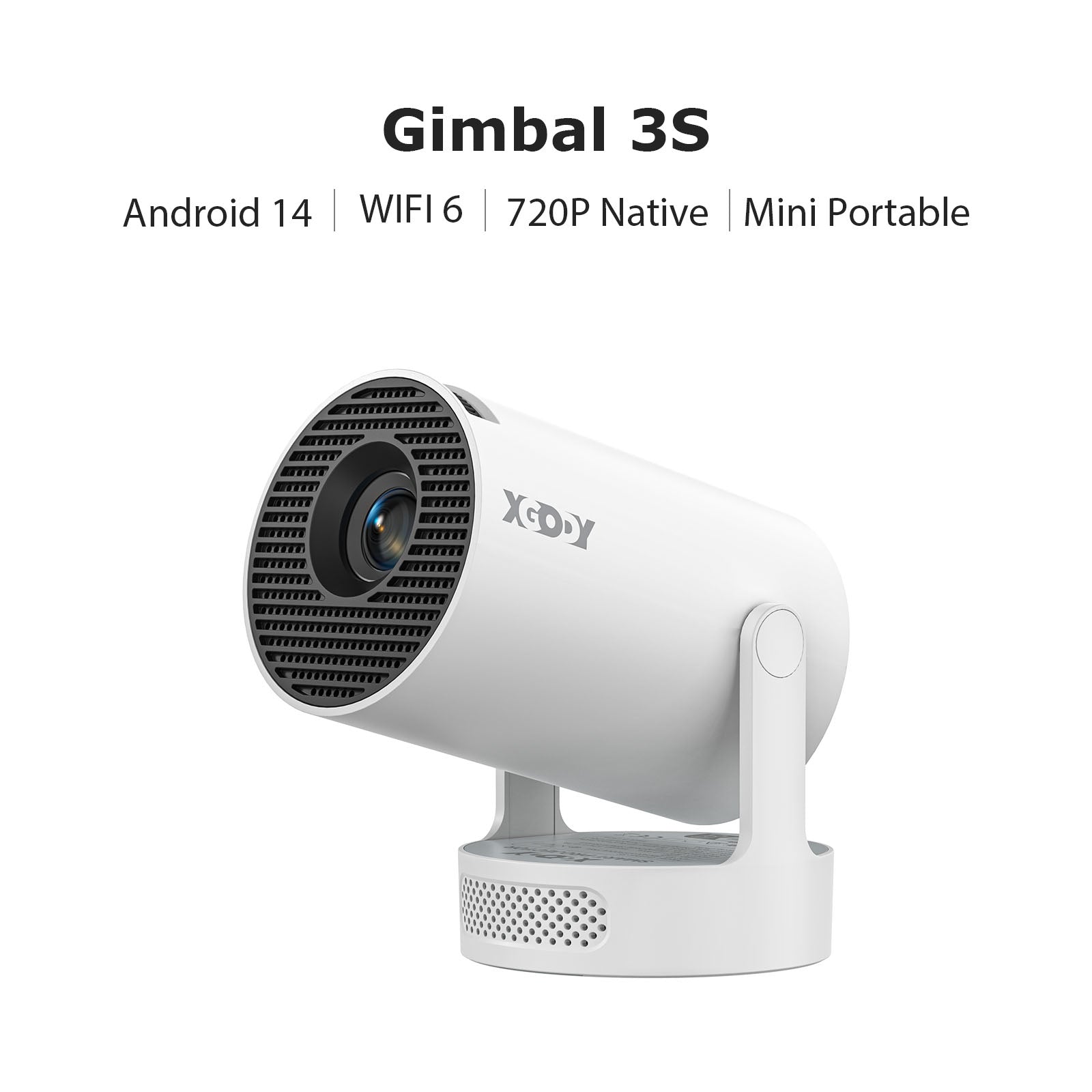 XGODY Gimbal 3S Portable Short-throw Projector, Android 14.0 system With Bluetooth and Dual-band WiFi6