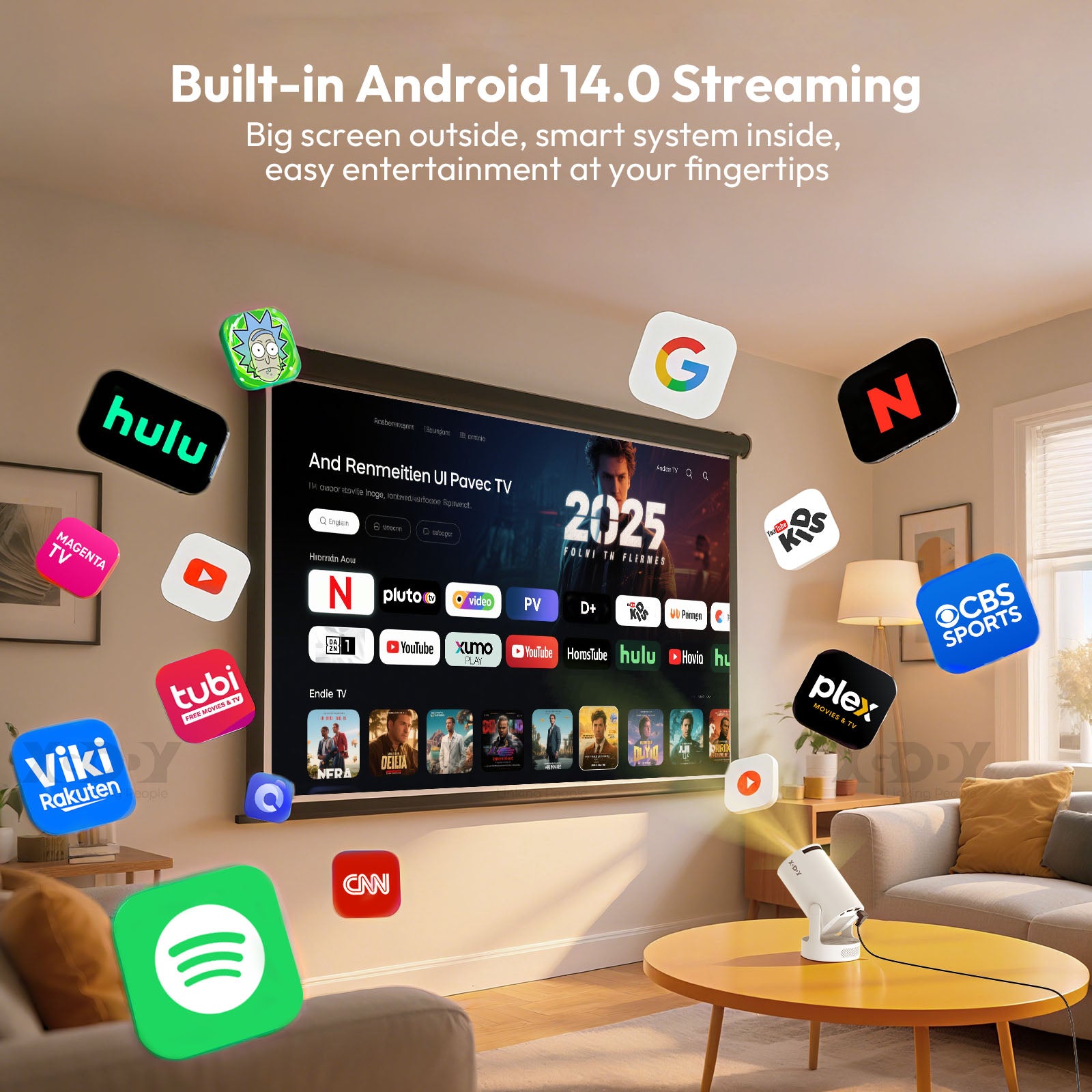 XGODY Gimbal 3S Portable Short-throw Projector, Android 14.0 system With Bluetooth and Dual-band WiFi6