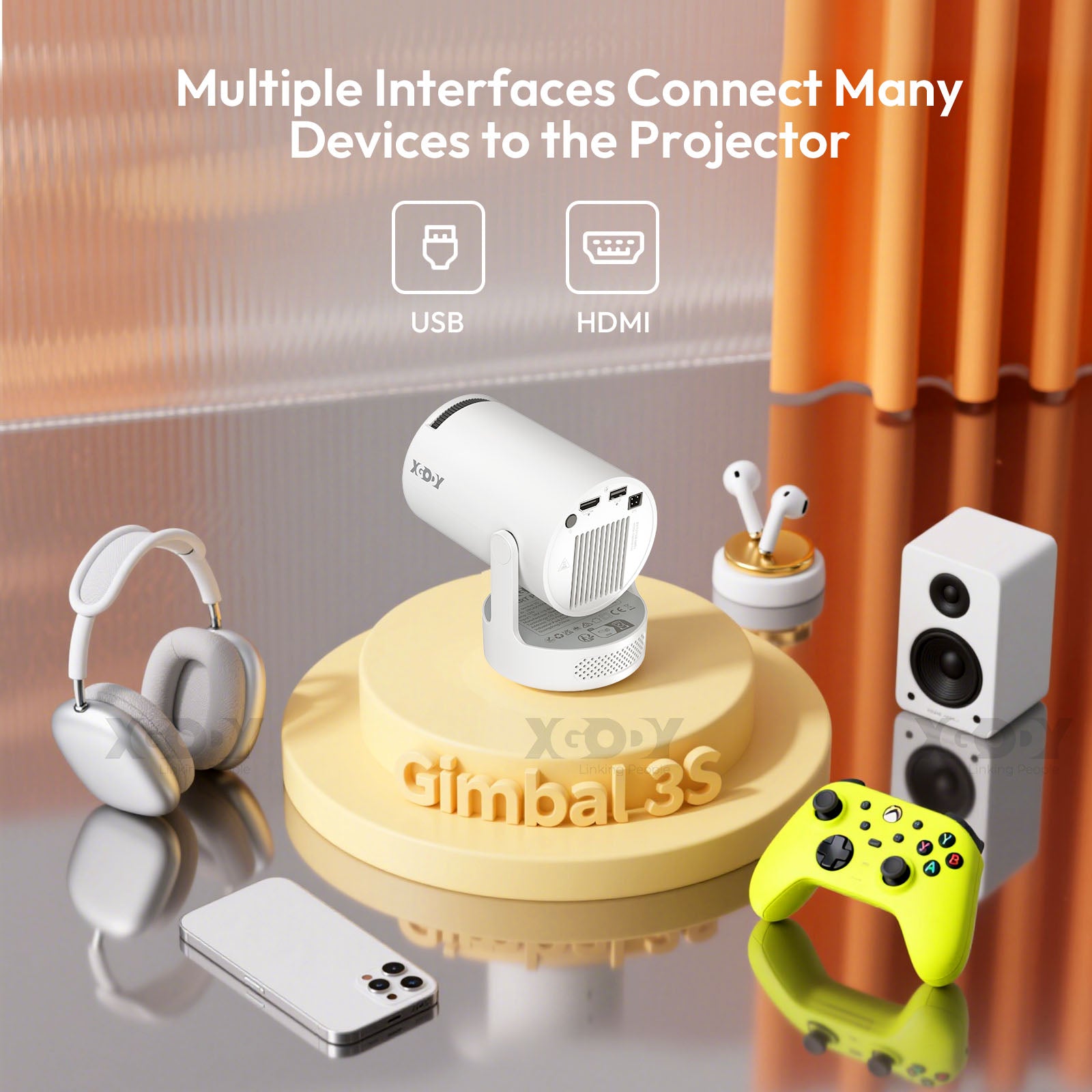 XGODY Gimbal 3S Portable Short-throw Projector, Android 14.0 system With Bluetooth and Dual-band WiFi6