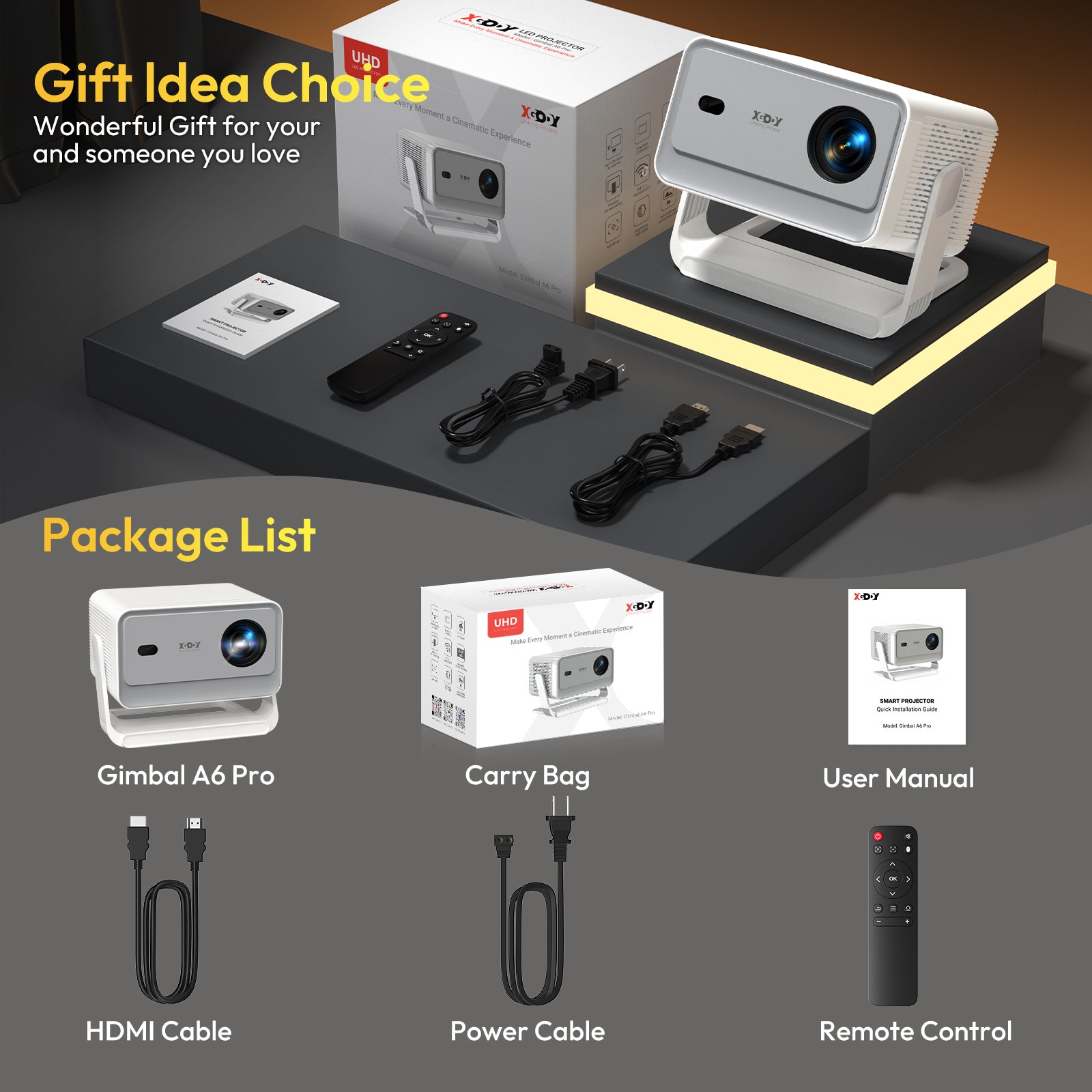 Gimbal A6 PRO: Portable Projector Android 14.0, Native 1080P Support 8K, 32G Large Capacity