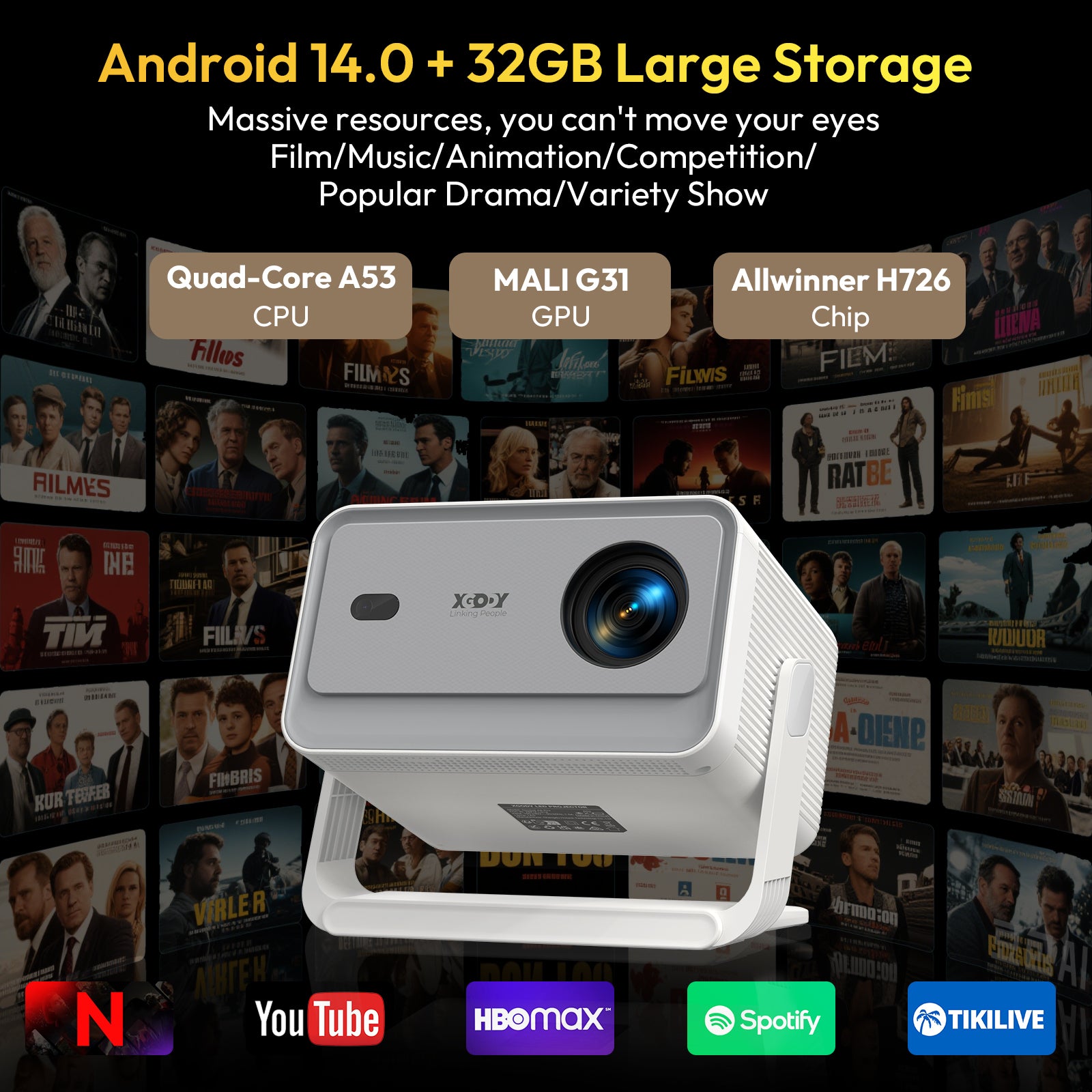 Gimbal A6 PRO: Portable Projector Android 14.0, Native 1080P Support 8K, 32G Large Capacity