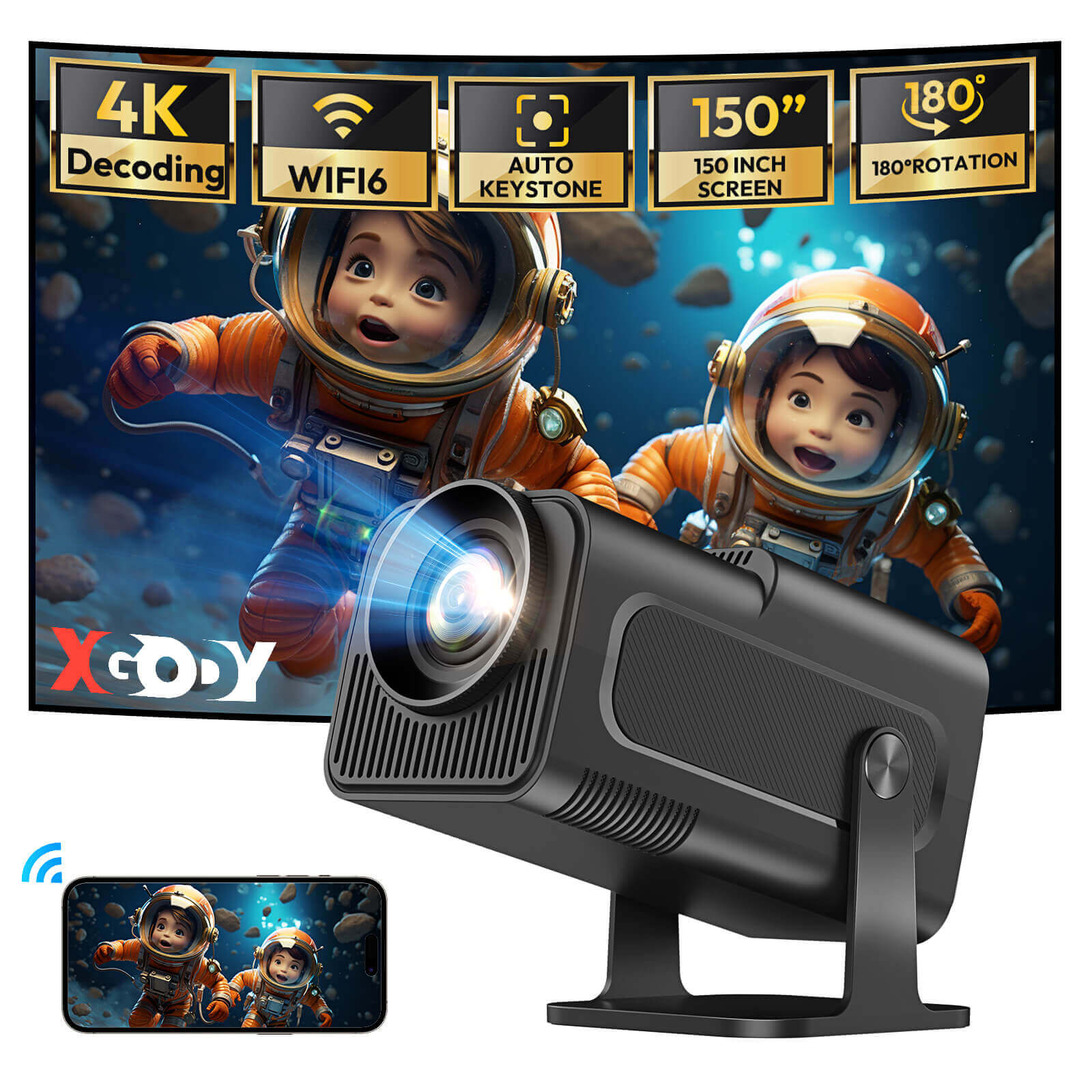 Gimbal 5: Portable Projector with Android 11.0, Native 1080P, WiFi & Bluetooth Connectivity