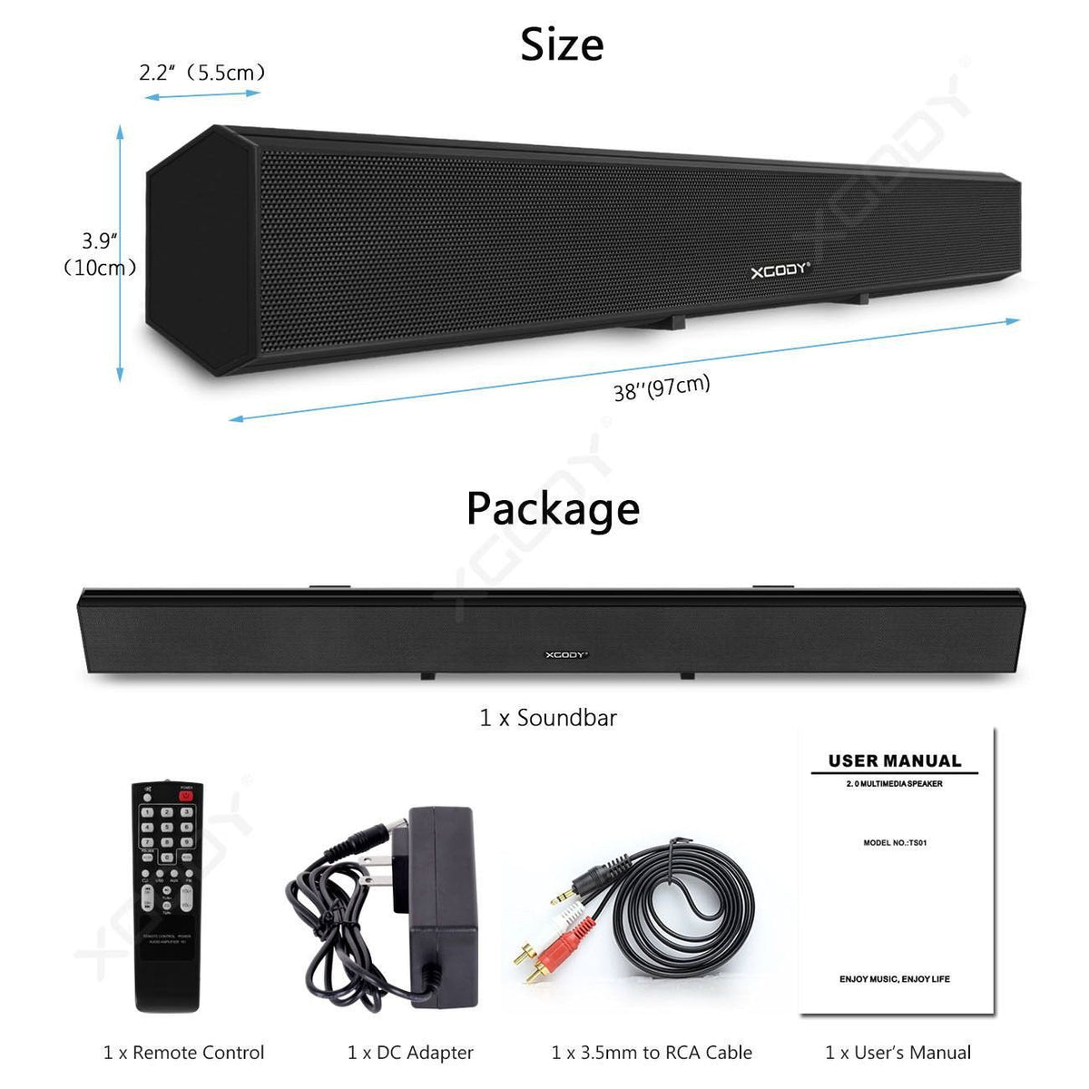 XGody 1013A Surround Sound Wireless Subwoofer 2.0 TV Soundbar
