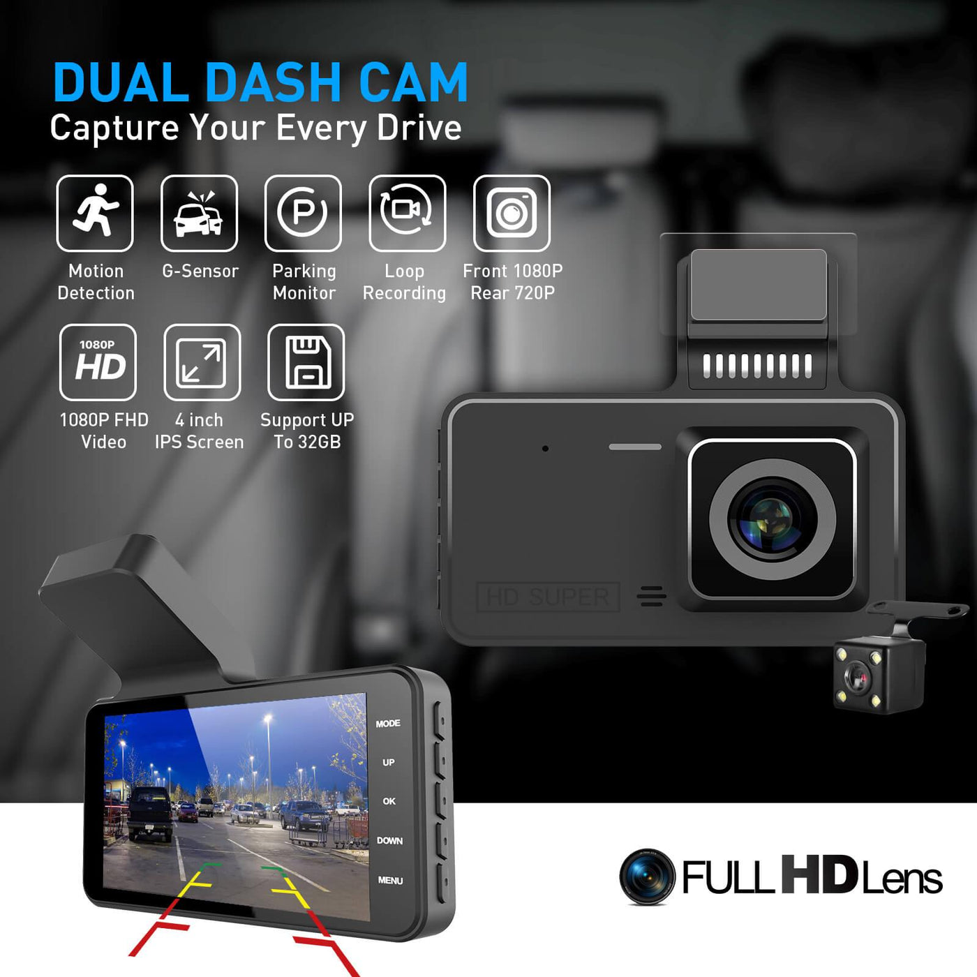 XGODY 4'' Camera Dash Cams For Cars With Backup Camera, Night Vision 1