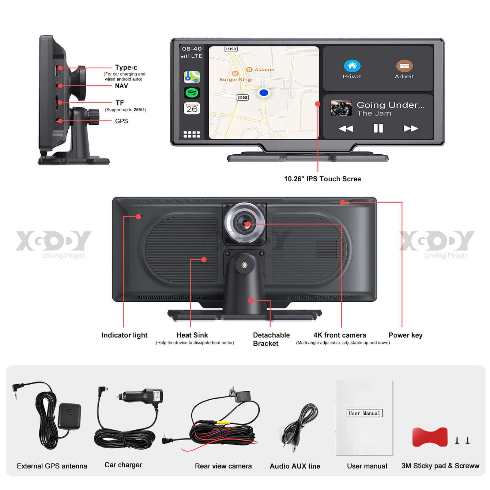Cost-effective and Most worthwhile XGODY Portable 4K Car Dash Cam, 10.26" IPS Screen, Wireless Carplay With Bluetooth-Split Screen, Android Car Radio Receiver - XGODY 